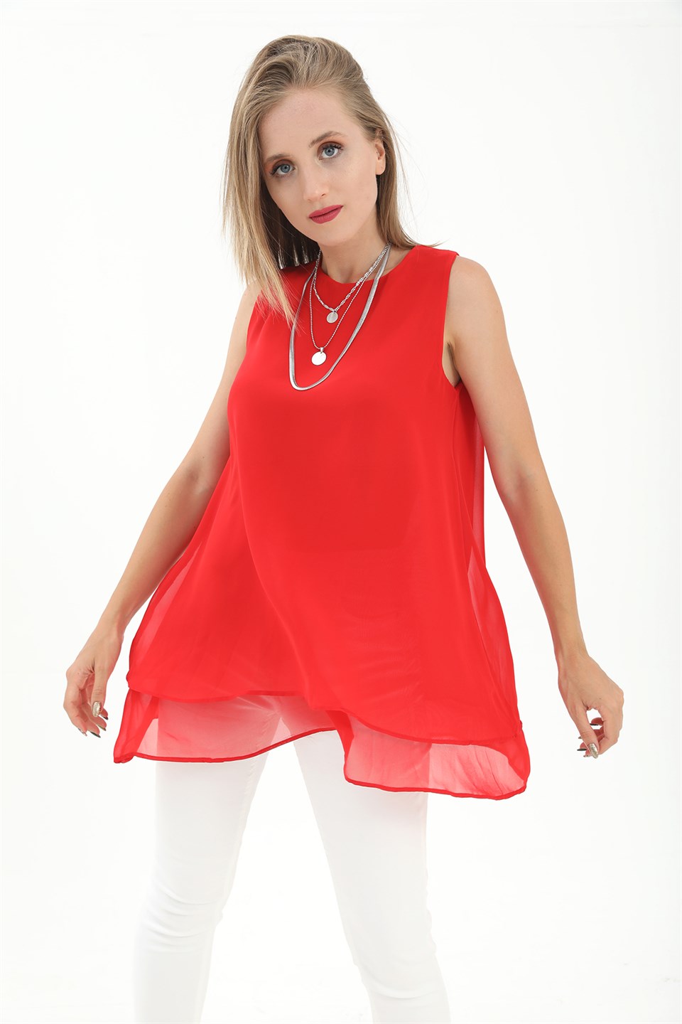 Women's Long Chiffon Sleeveless Blouse - Red - STREET MODE ™