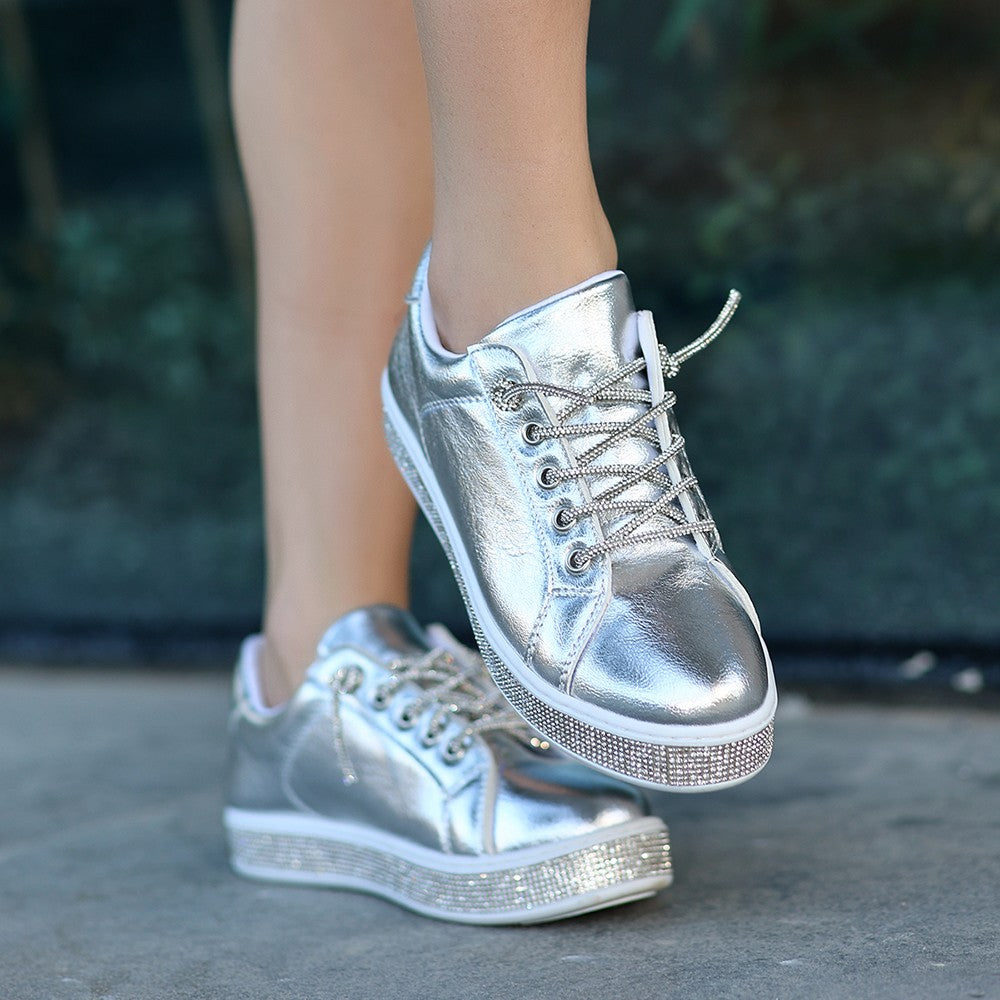Women's Vasie Silver Leather Laced Sports Shoes - STREETMODE ™