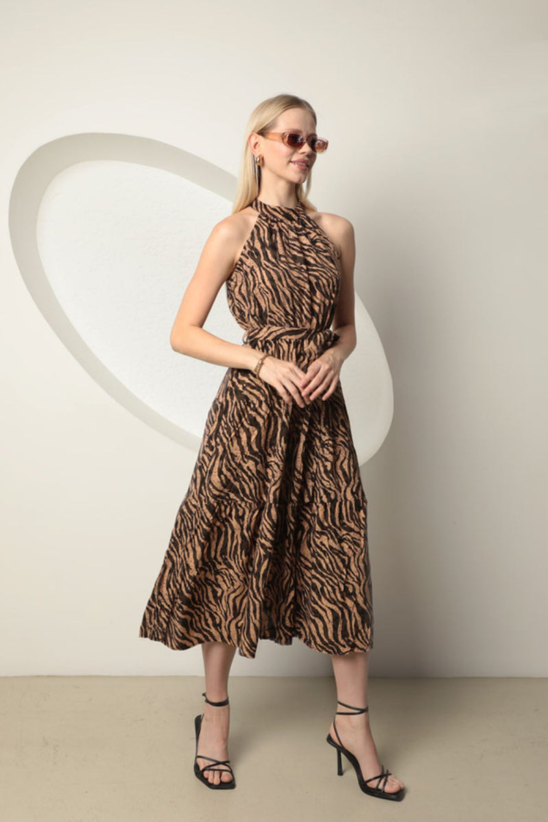 Viscose Fabric Zebra Pattern Women's Dress-Brown - STREETMODE ™