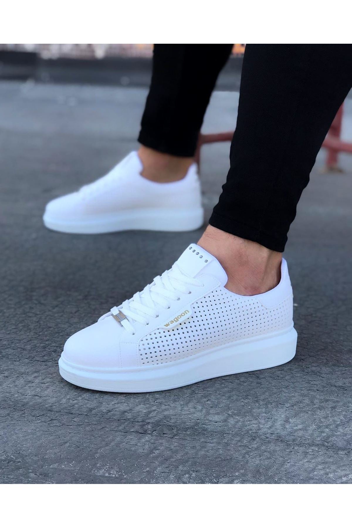 WG01 White Perforated Men's High-Sole Shoes sneakers - STREETMODE ™
