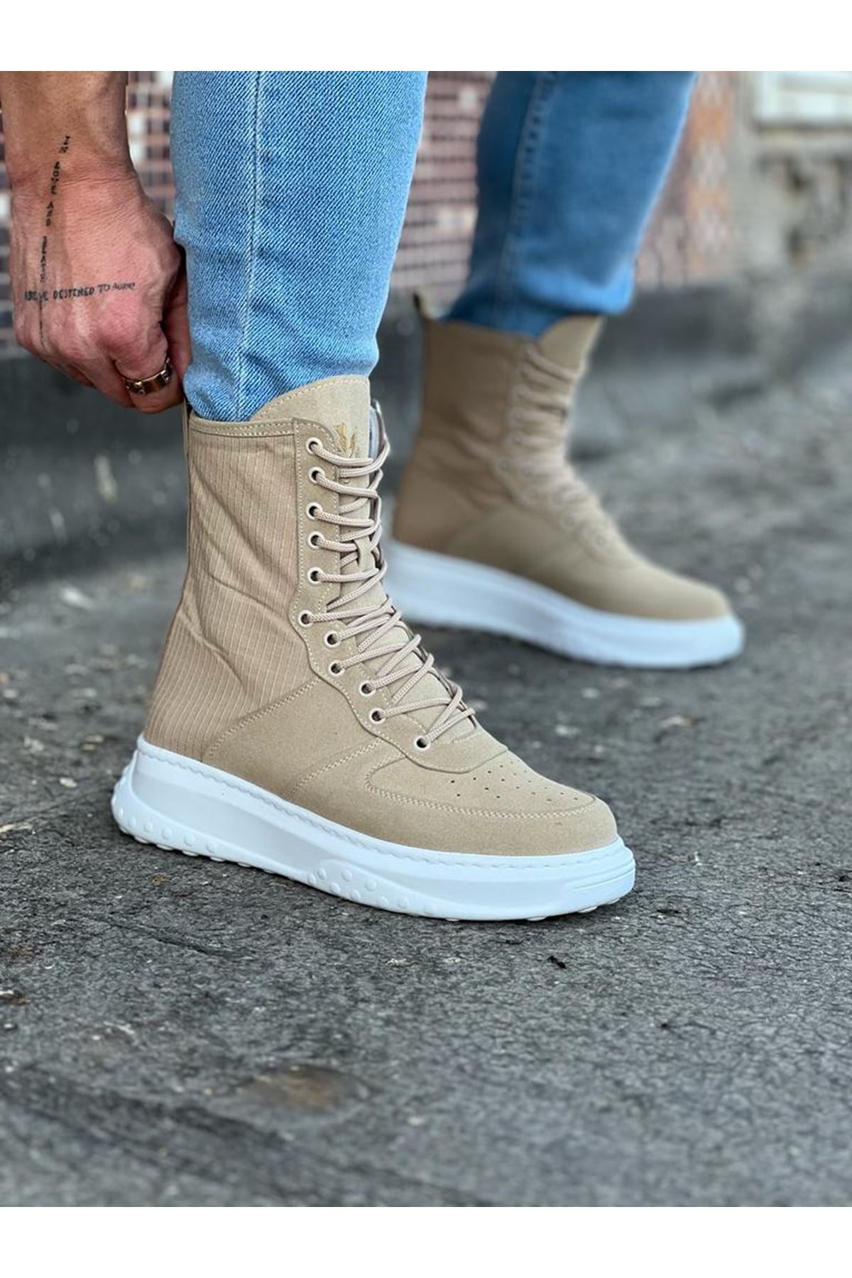 WG012 Men's Beige Suede Leather Long Lace-Up Boots - STREETMODE ™