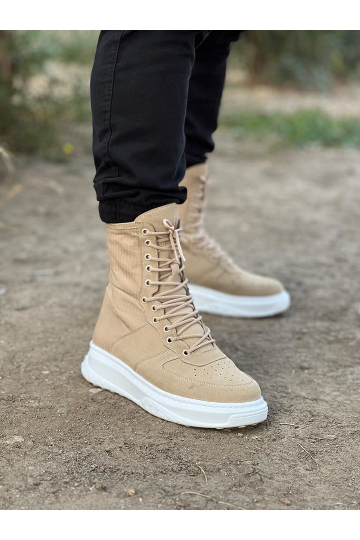 WG012 Men's Beige Suede Leather Long Lace-Up Boots - STREETMODE ™