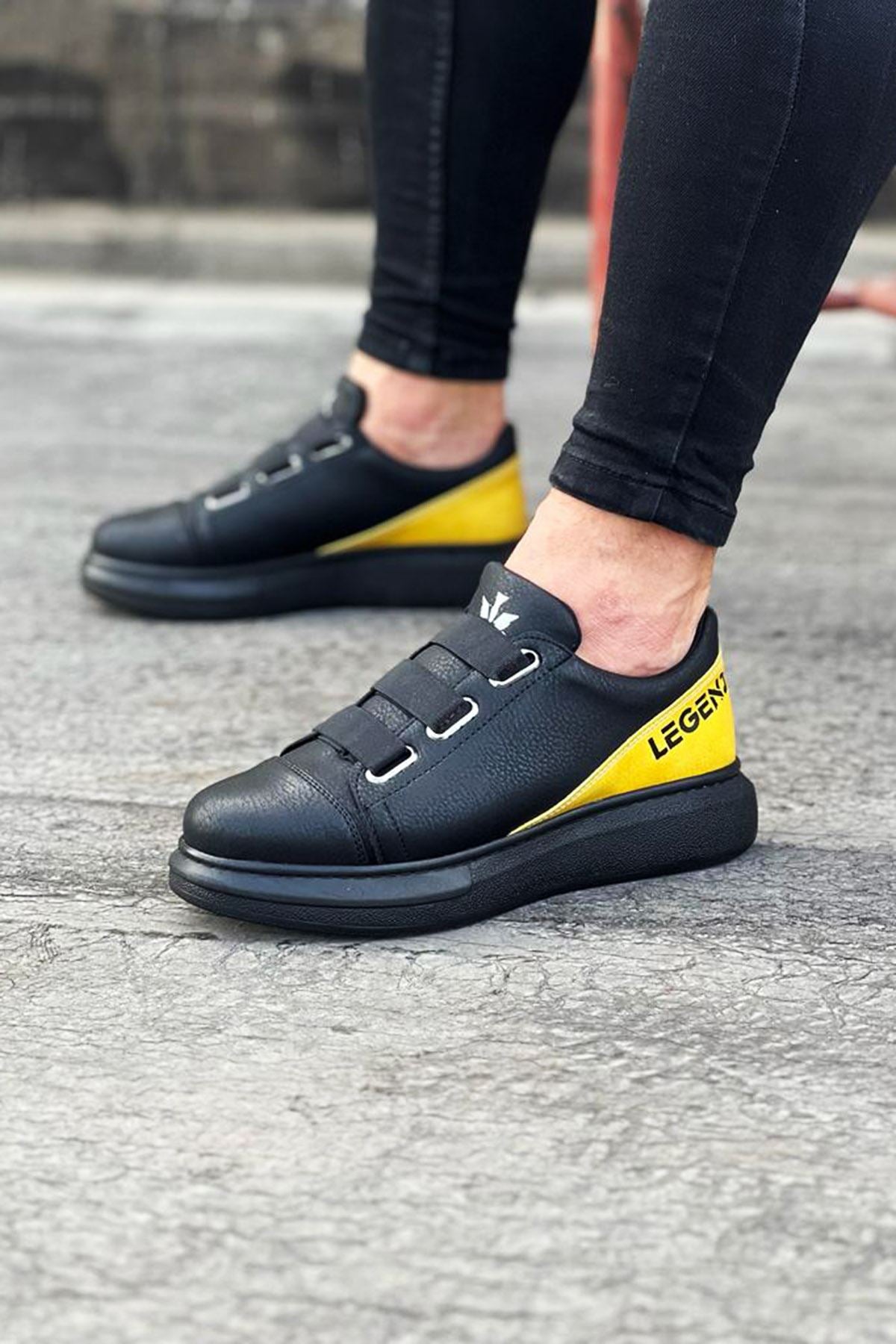 WG029 3 Stripes Legend Charcoal Yellow Thick Sole Casual Men's Shoes - STREETMODE ™