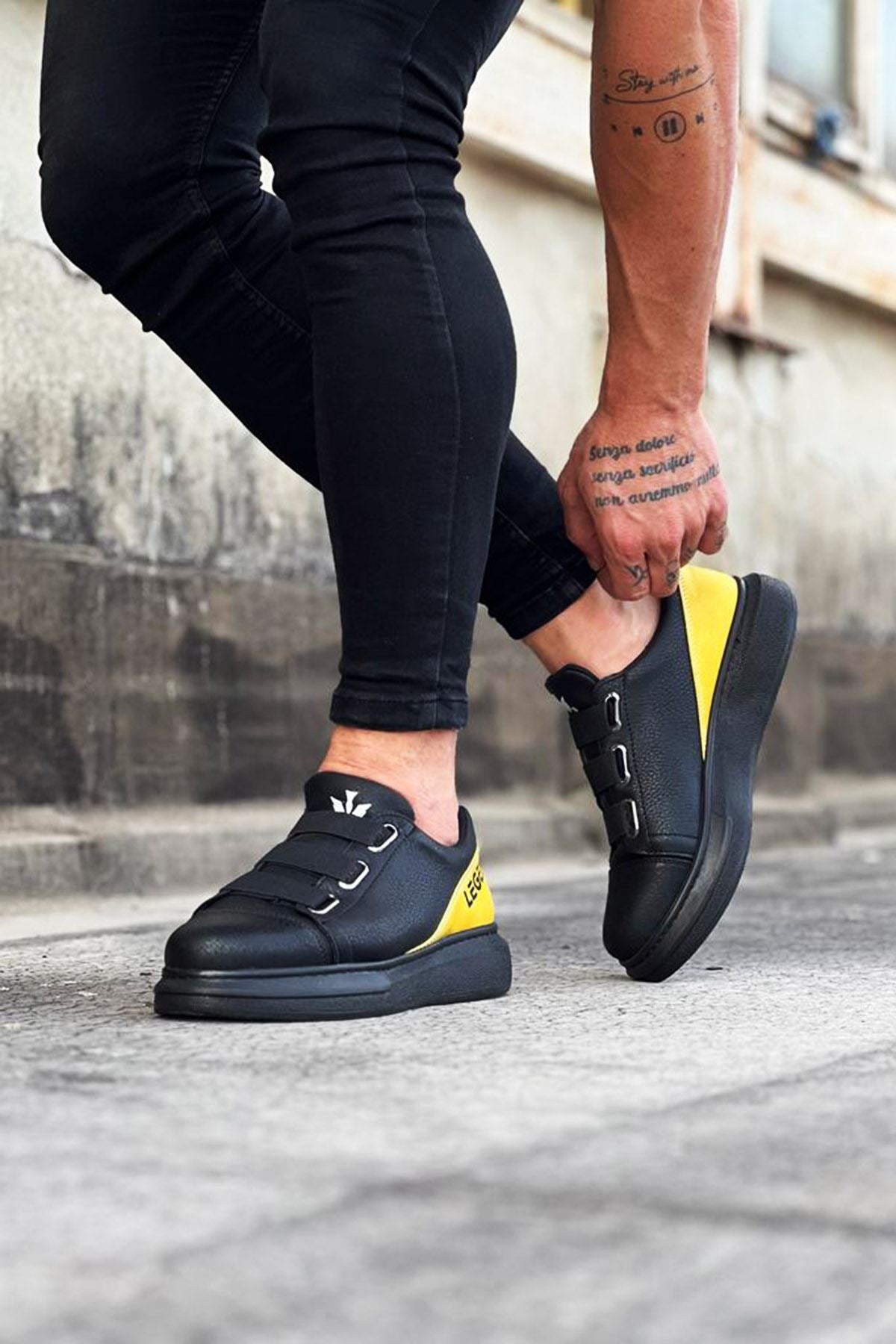 WG029 3 Stripes Legend Charcoal Yellow Thick Sole Casual Men's Shoes - STREETMODE ™