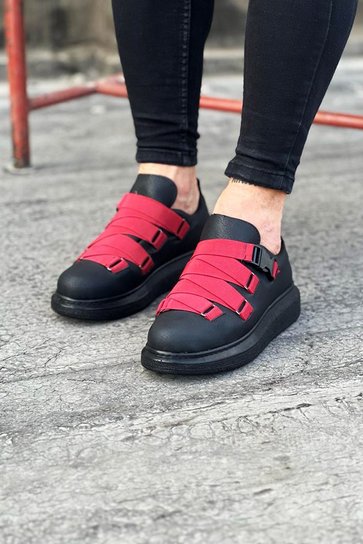 WG033 Charcoal Red Men's High Sole Sneakers Shoes - STREETMODE ™