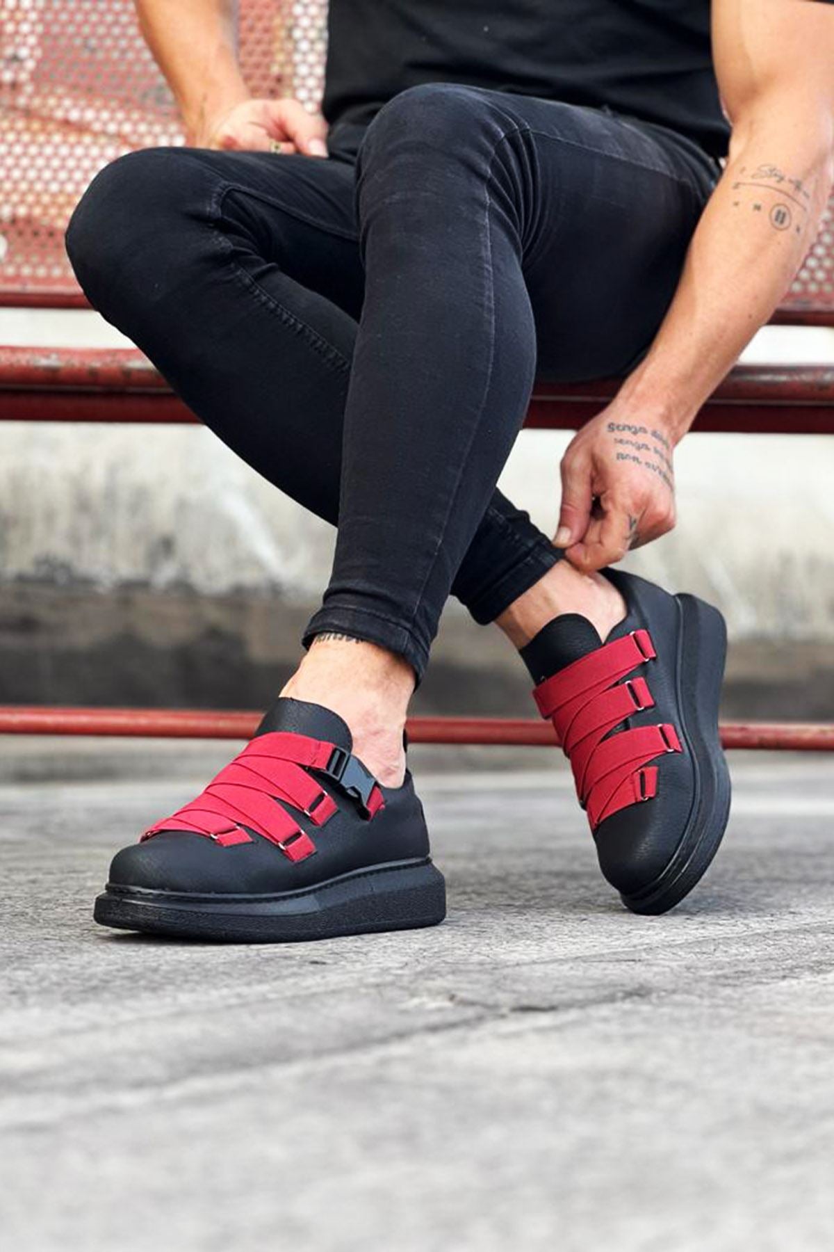 WG033 Charcoal Red Men's High Sole Sneakers Shoes - STREETMODE ™