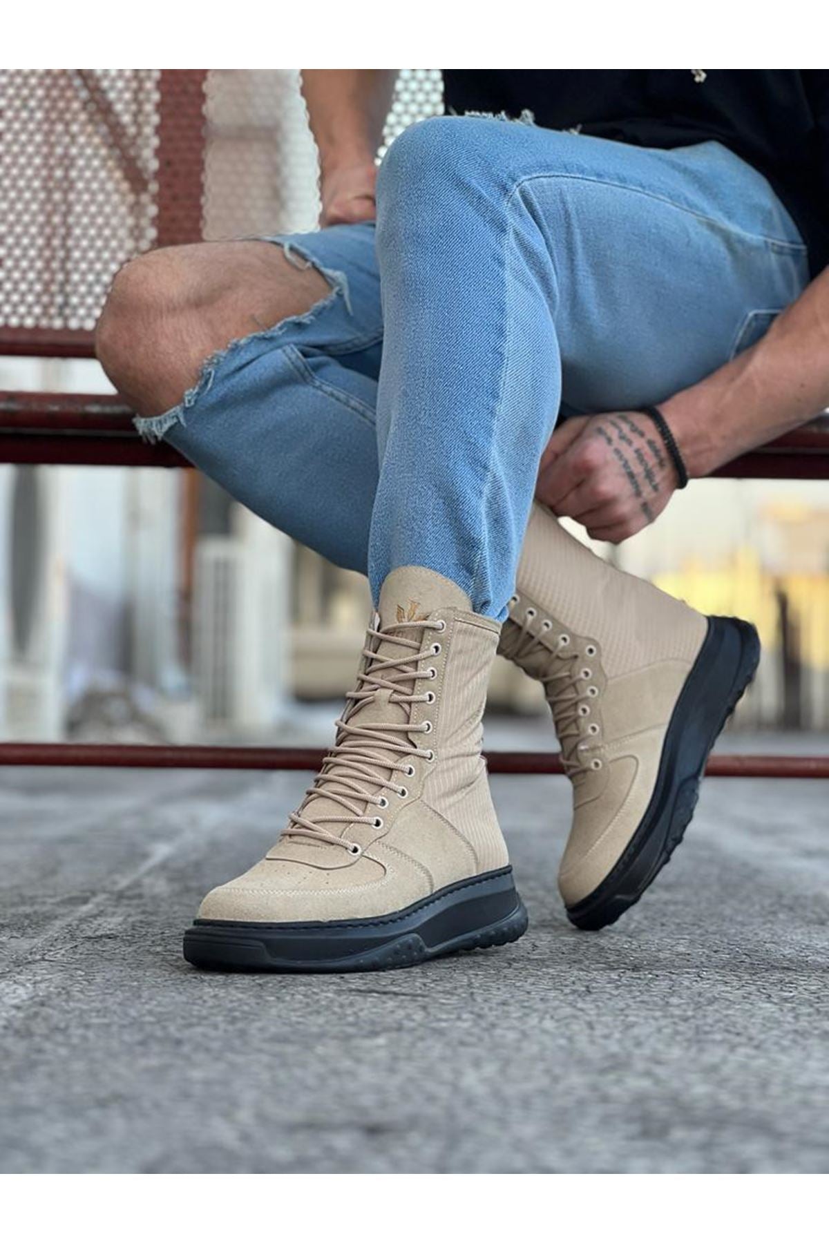 WG012 Men's Beige Charcoal Suede Leather Long Lace-Up Boots - STREETMODE ™