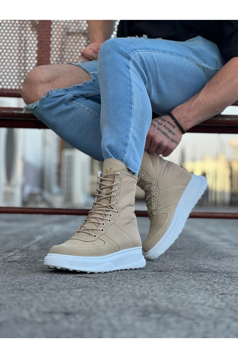 WG012 Men's Beige Suede Leather Long Lace-Up Boots - STREETMODE ™