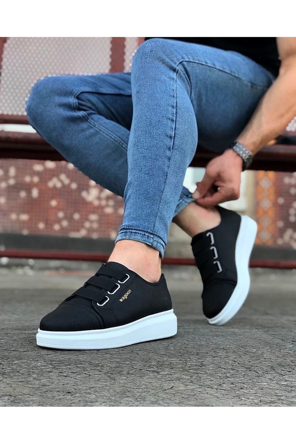 WG026 3 Band Black Thick Sole Casual Men's Shoes - STREETMODE ™