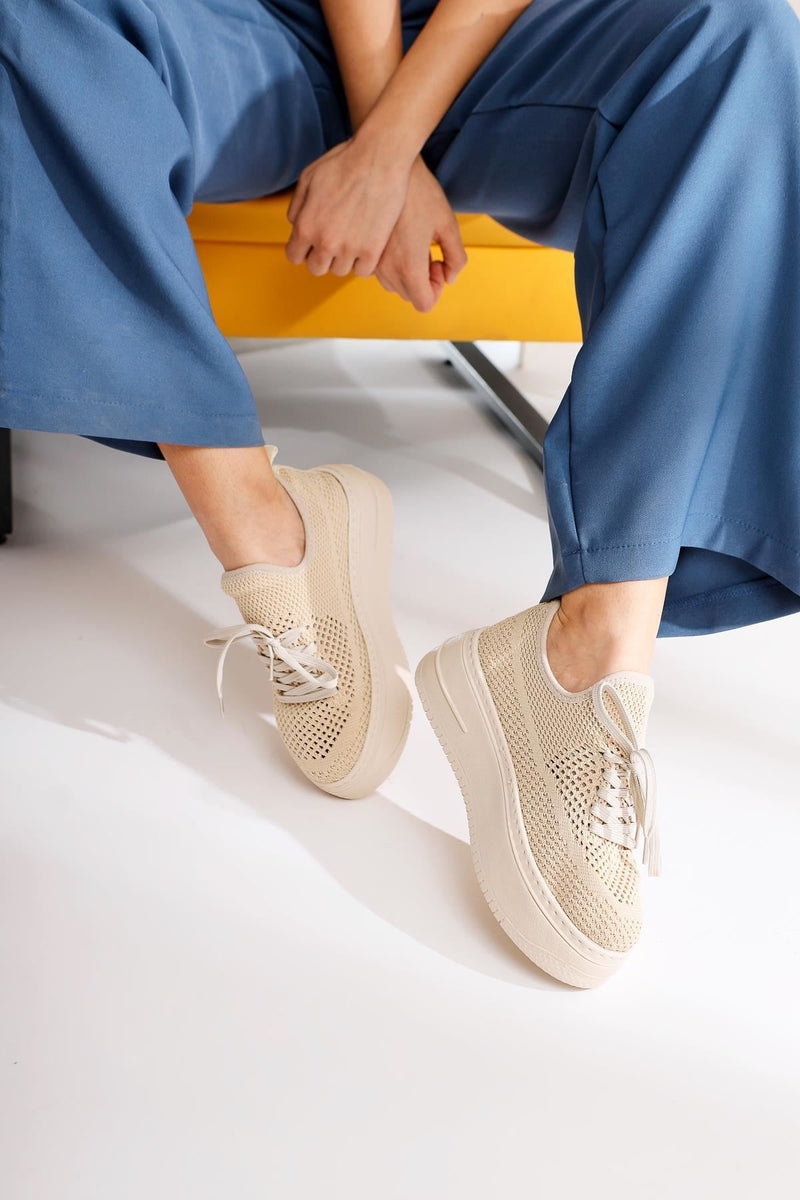 Women's Beige Knitwear Stretch Thick Soled Sports Shoes - STREETMODE ™