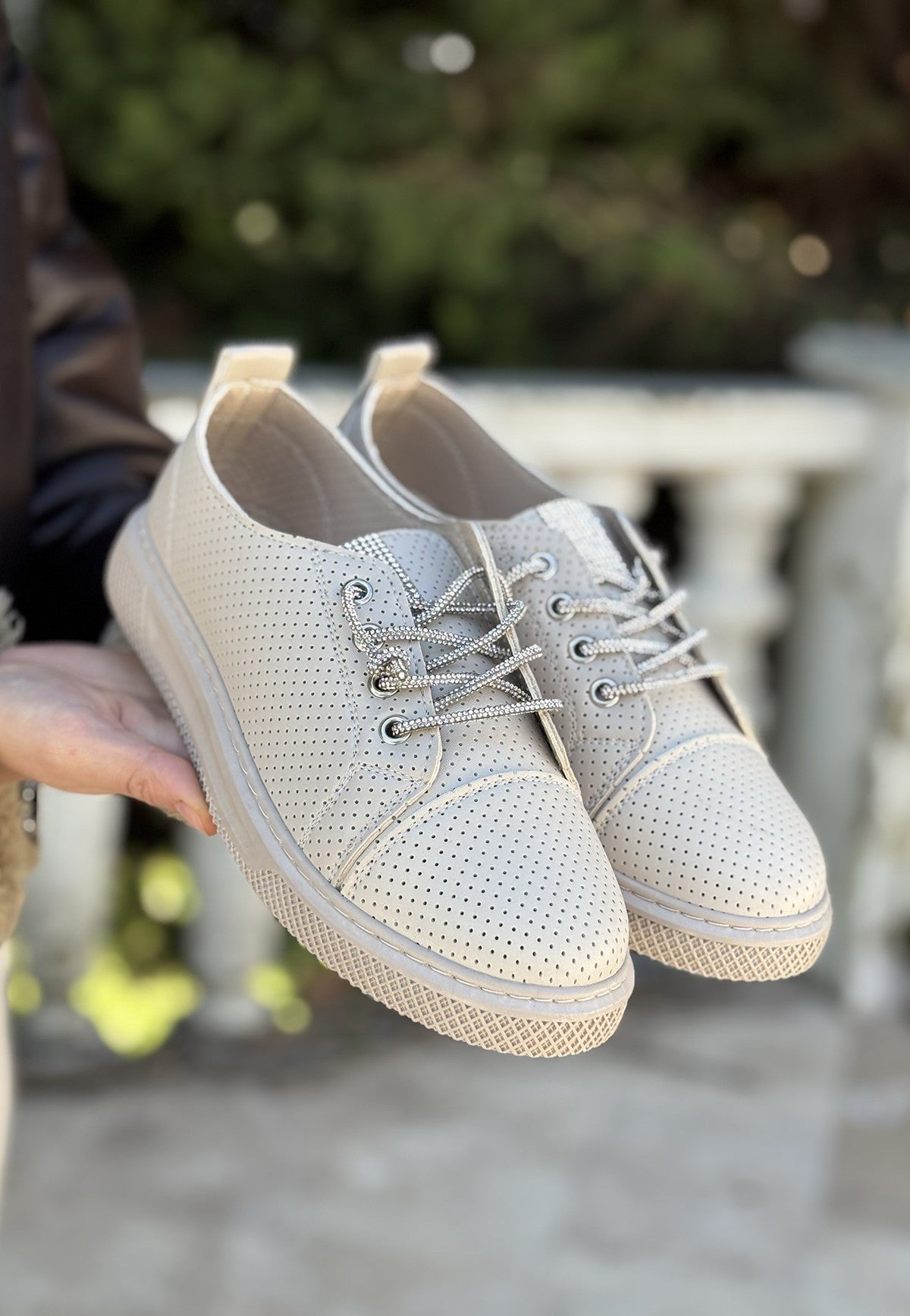 Women's Beige Leather Lace-Up Sneakers