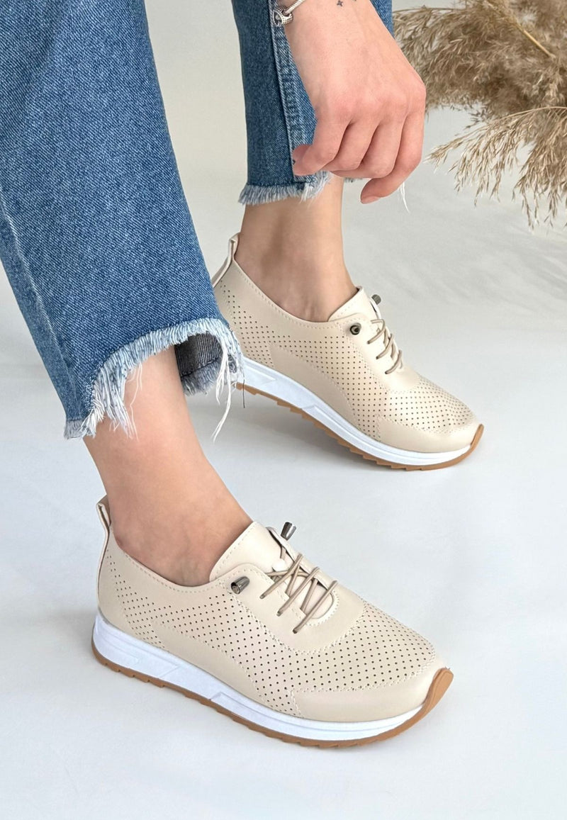Women's Beige Leather Lace-Up Sneakers - STREETMODE ™