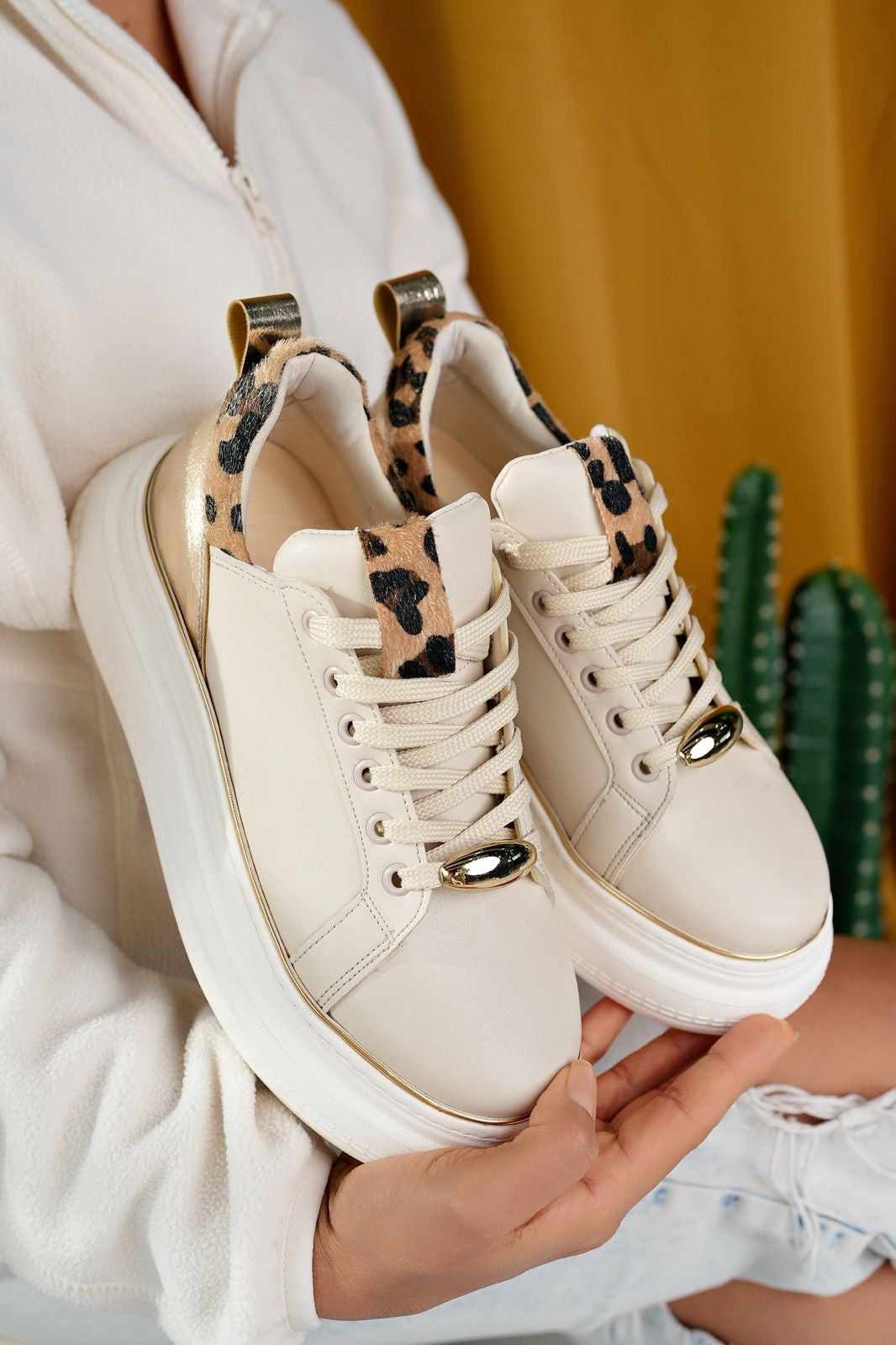 Women's Beige Leather Lace-Up Sneakers