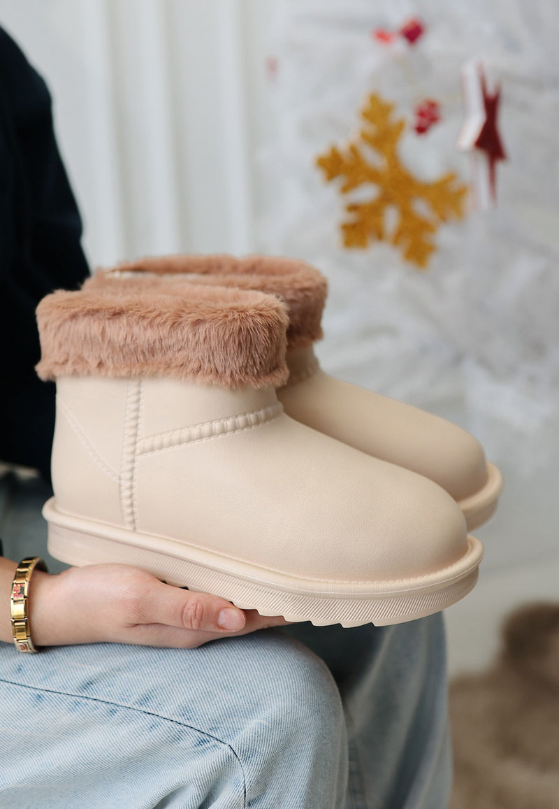 Women's Beige Oval Toe Waterproof Fur Lined Boots - STREETMODE ™