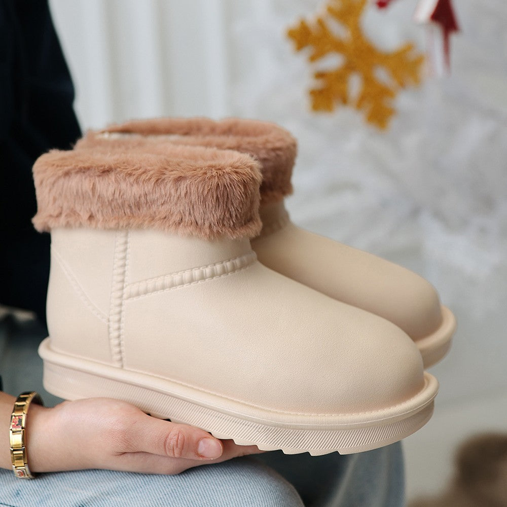 Women's Beige Oval Toe Waterproof Fur Lined Boots - STREETMODE ™