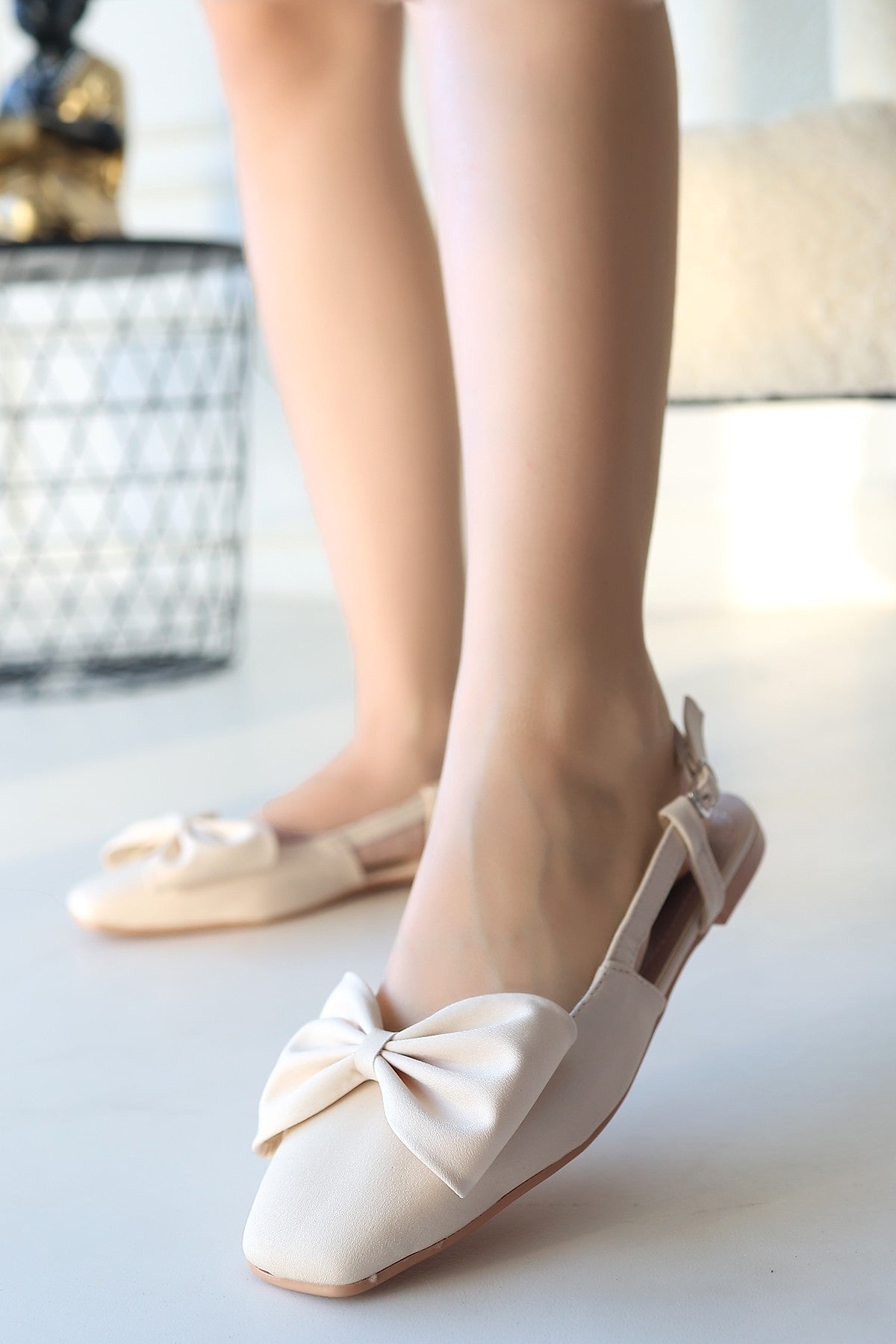 Women's Beige Satin Bowknot Ballerina Shoes