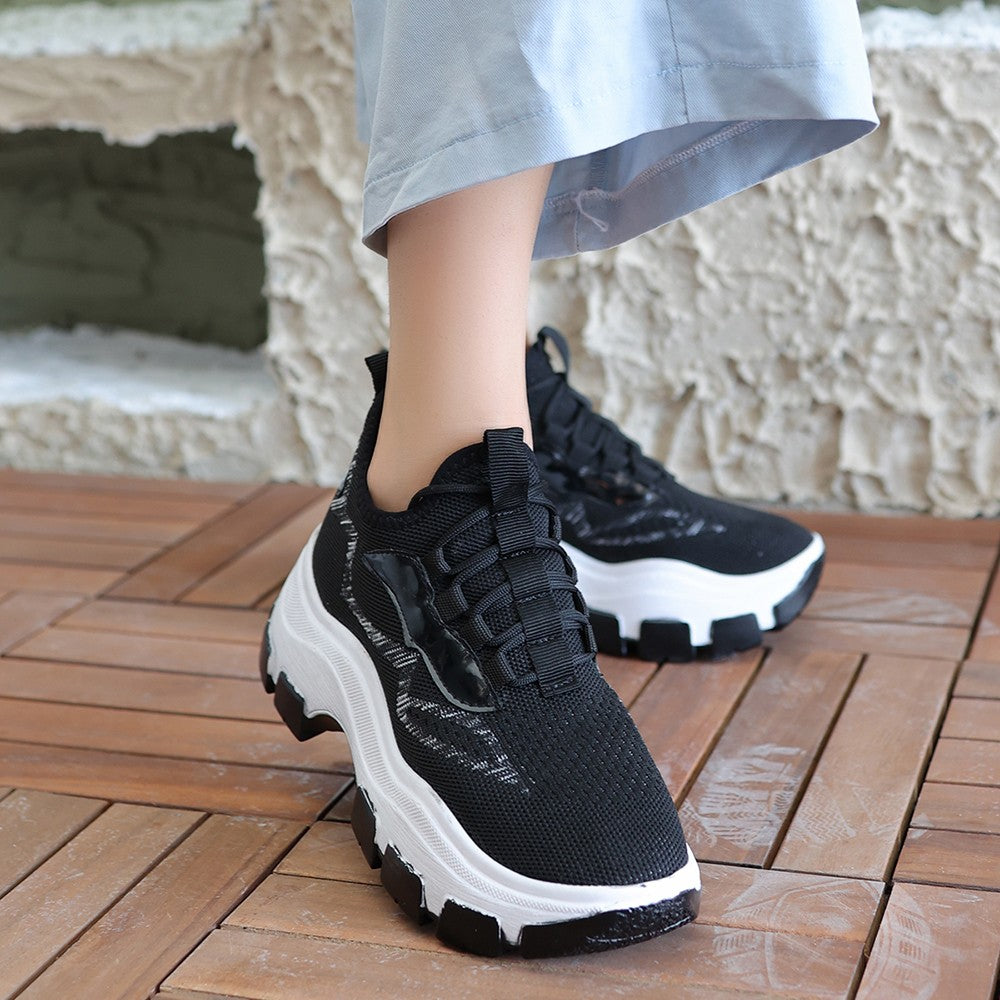 Women's Black Knitwear Lace-Up Sports Shoes - STREETMODE ™