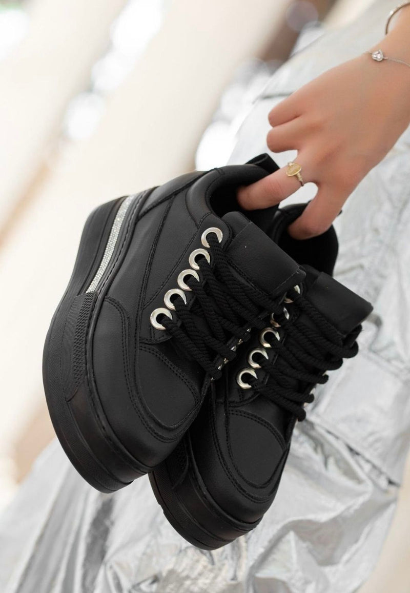 Women's Black Leather Lace-Up Sneakers - STREETMODE ™