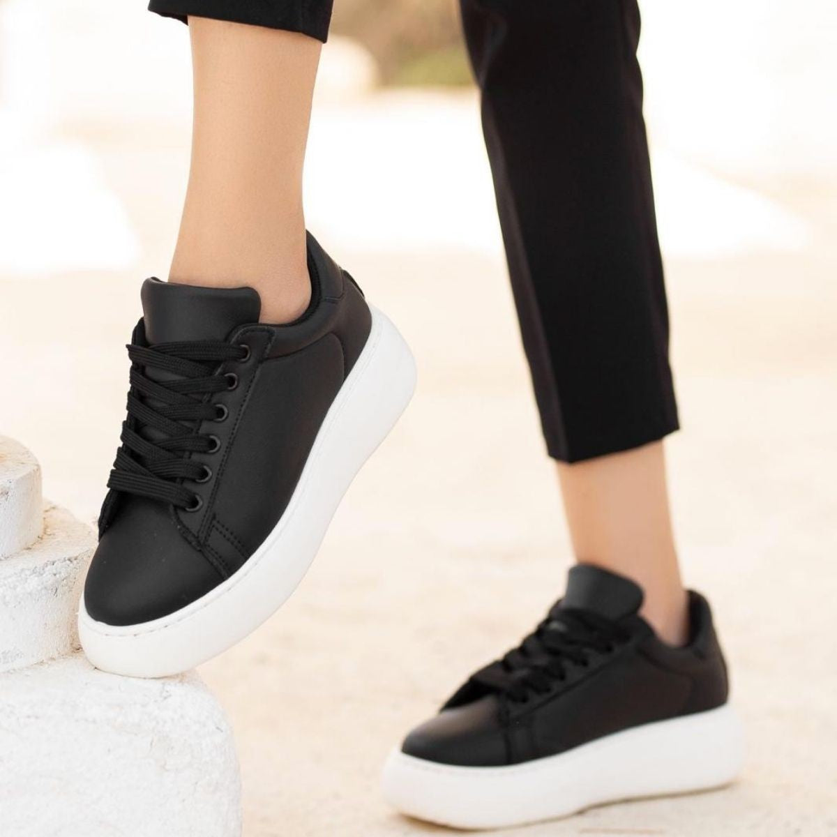 Women's Black Leather Lace-Up Sneakers - STREETMODE ™