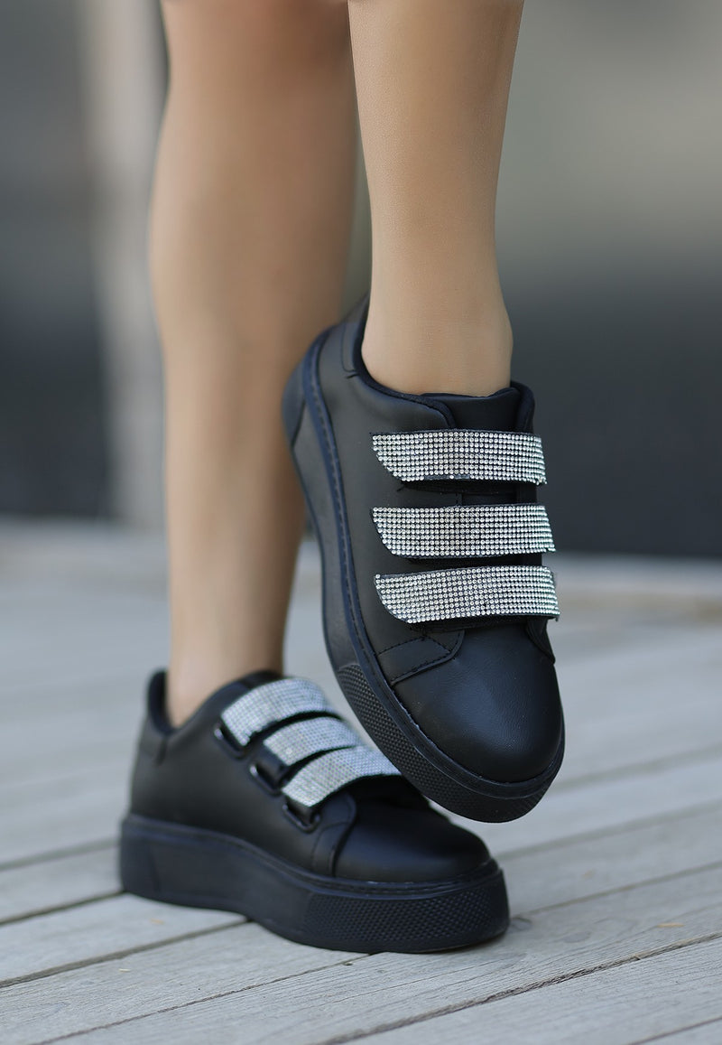 Women's Black Leather Velcro Sports Shoes - STREETMODE ™