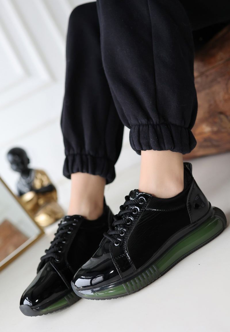 Women's Black Patent Leather Green Sole Sneakers - STREETMODE ™