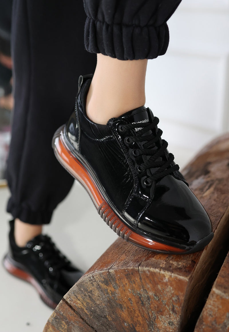 Women's Black Patent Leather Orange Sole Sneakers - STREETMODE ™