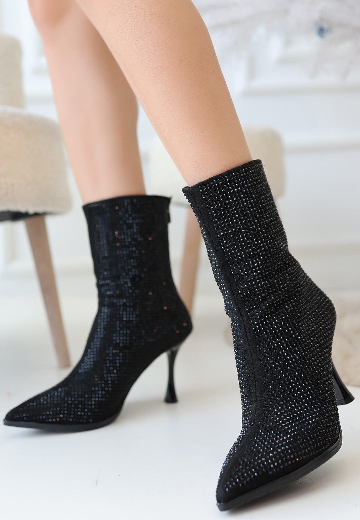 Women's Black Suede Black Stone Heeled Boots - STREETMODE ™