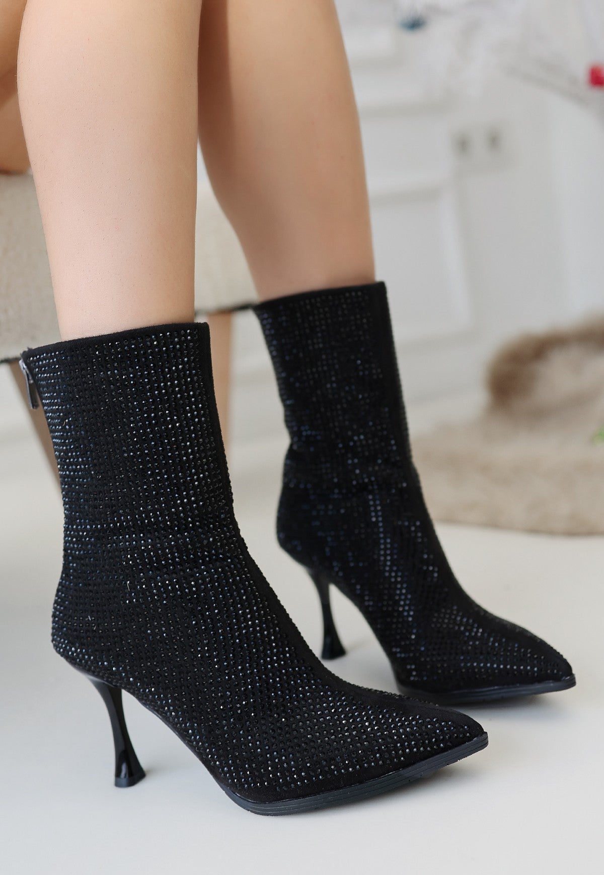 Women's Black Suede Black Stone Heeled Boots - STREETMODE ™