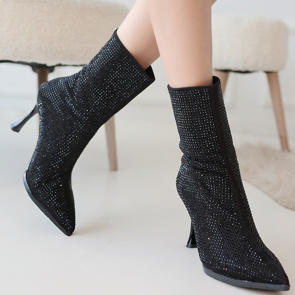 Women's Black Suede Black Stone Heeled Boots - STREETMODE ™