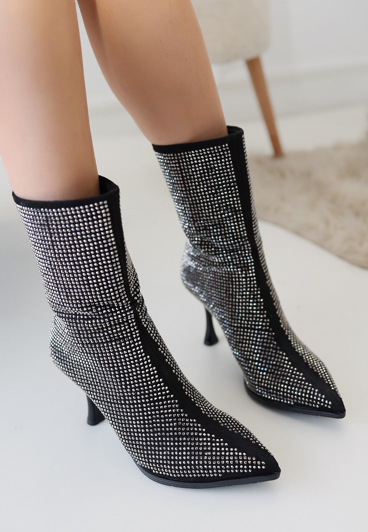 Women's Black Suede Platinum Stone Heeled Boots - STREETMODE ™