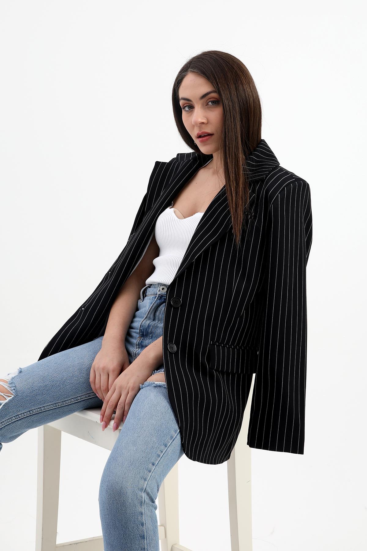 Women's Blazer Jacket Striped Atlas Fabric - Black - STREETMODE ™
