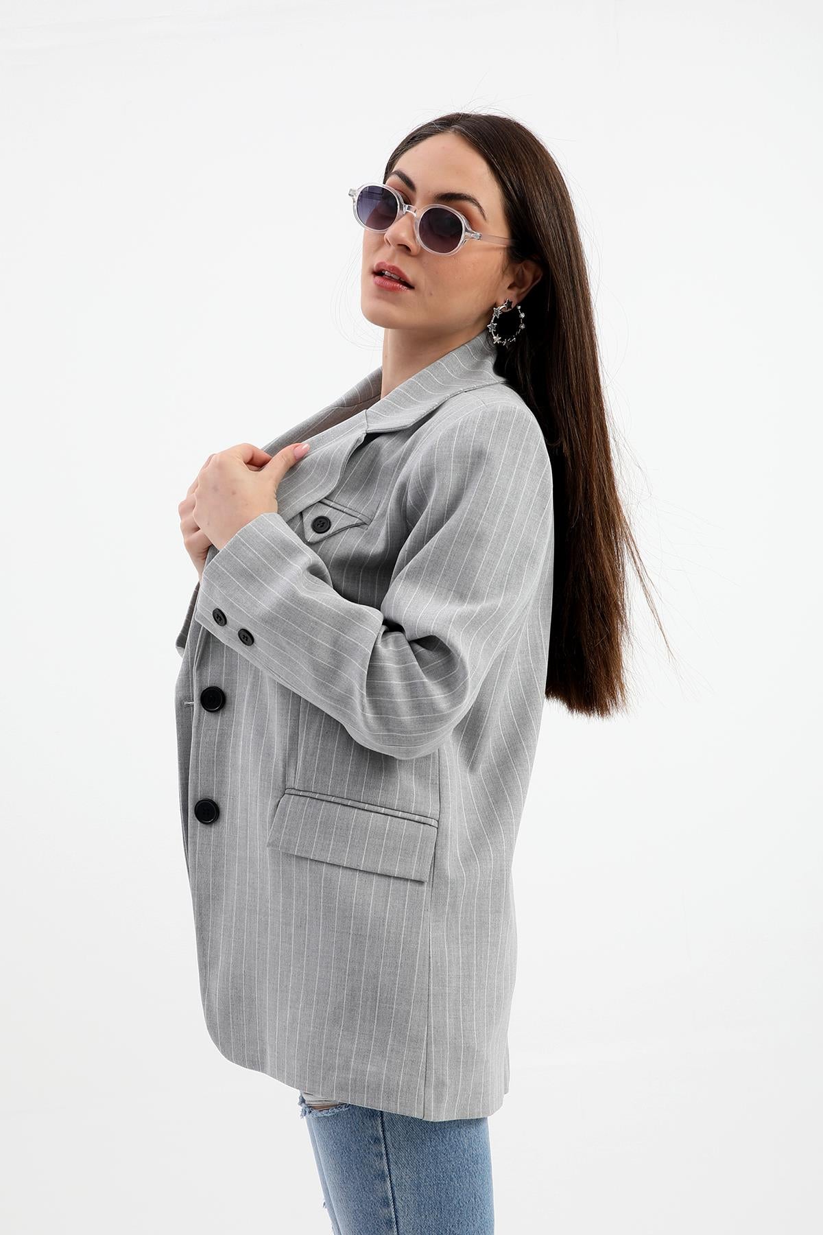 Women's Blazer Jacket Striped Atlas Fabric - Gray - STREETMODE ™