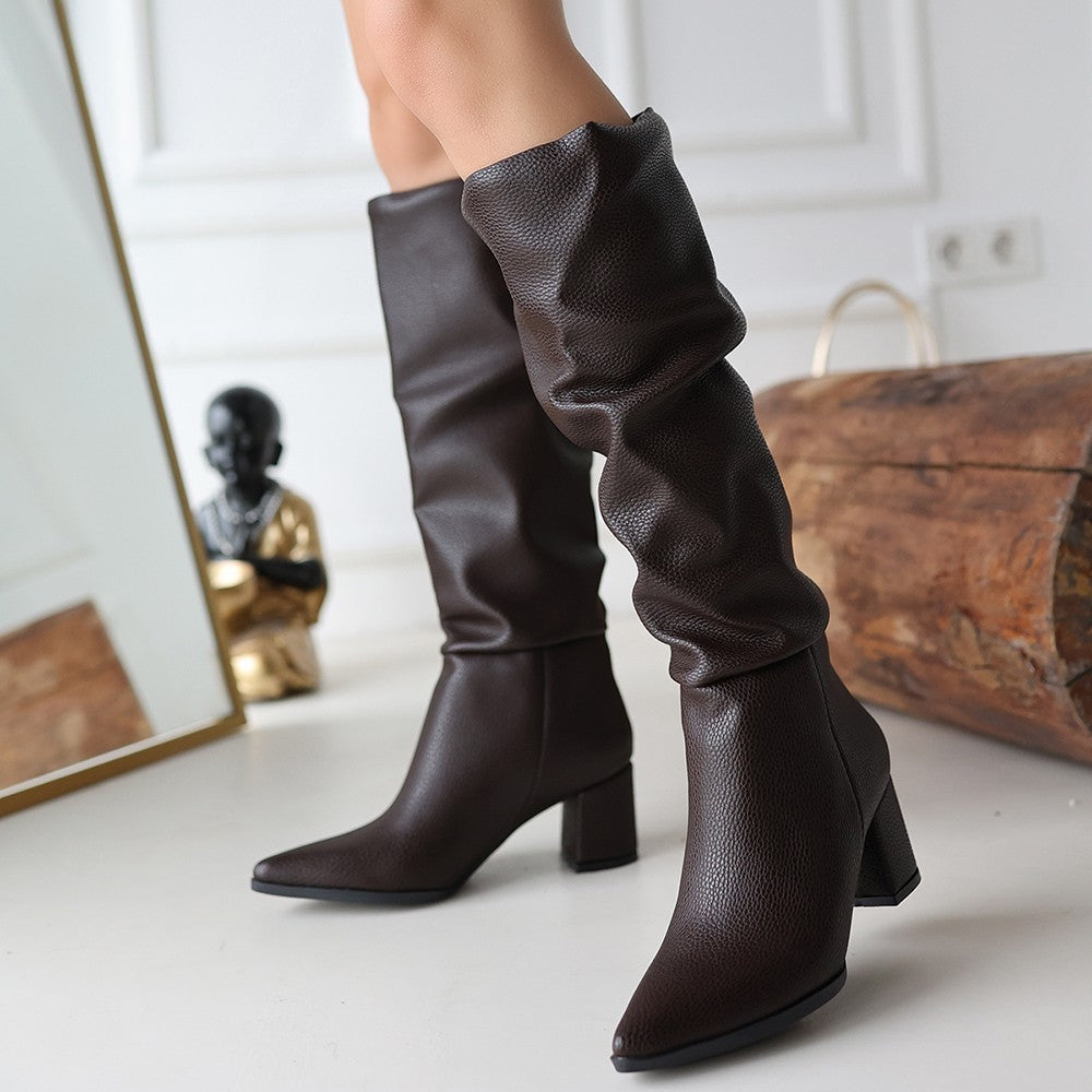 Women's Brown Leather High Heel Boots - STREETMODE ™