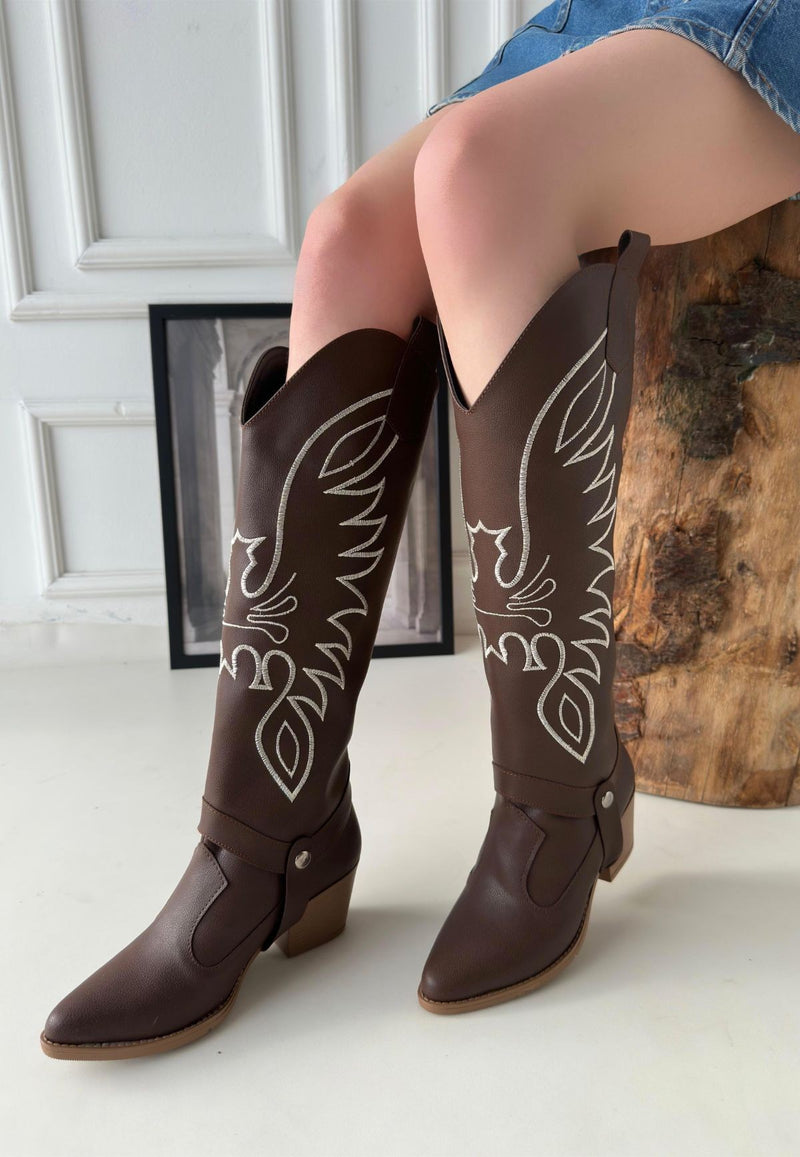 Women's Brown Leather Slip-On High Heel Boots And Boots - STREETMODE ™