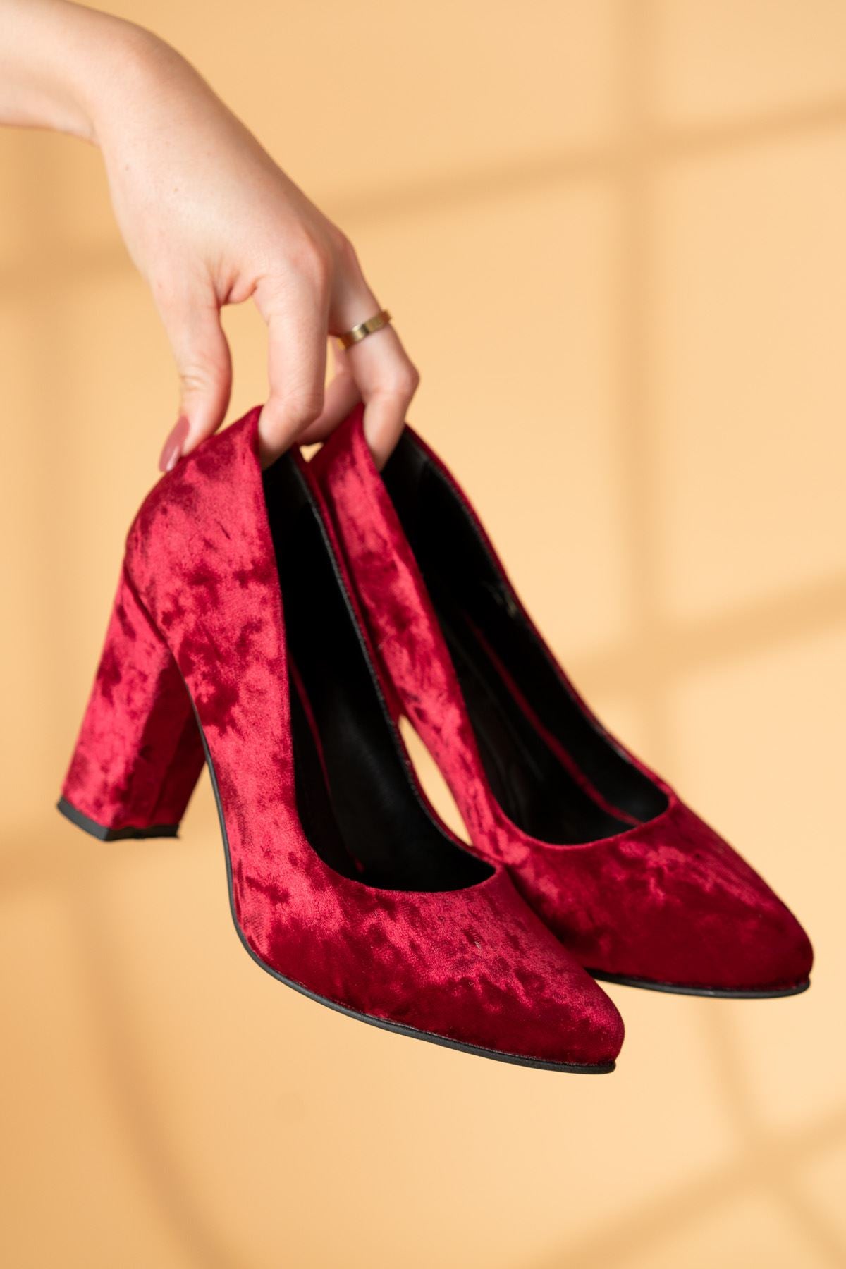 Women's Burgundy Velvet High Heel Shoes - STREETMODE ™