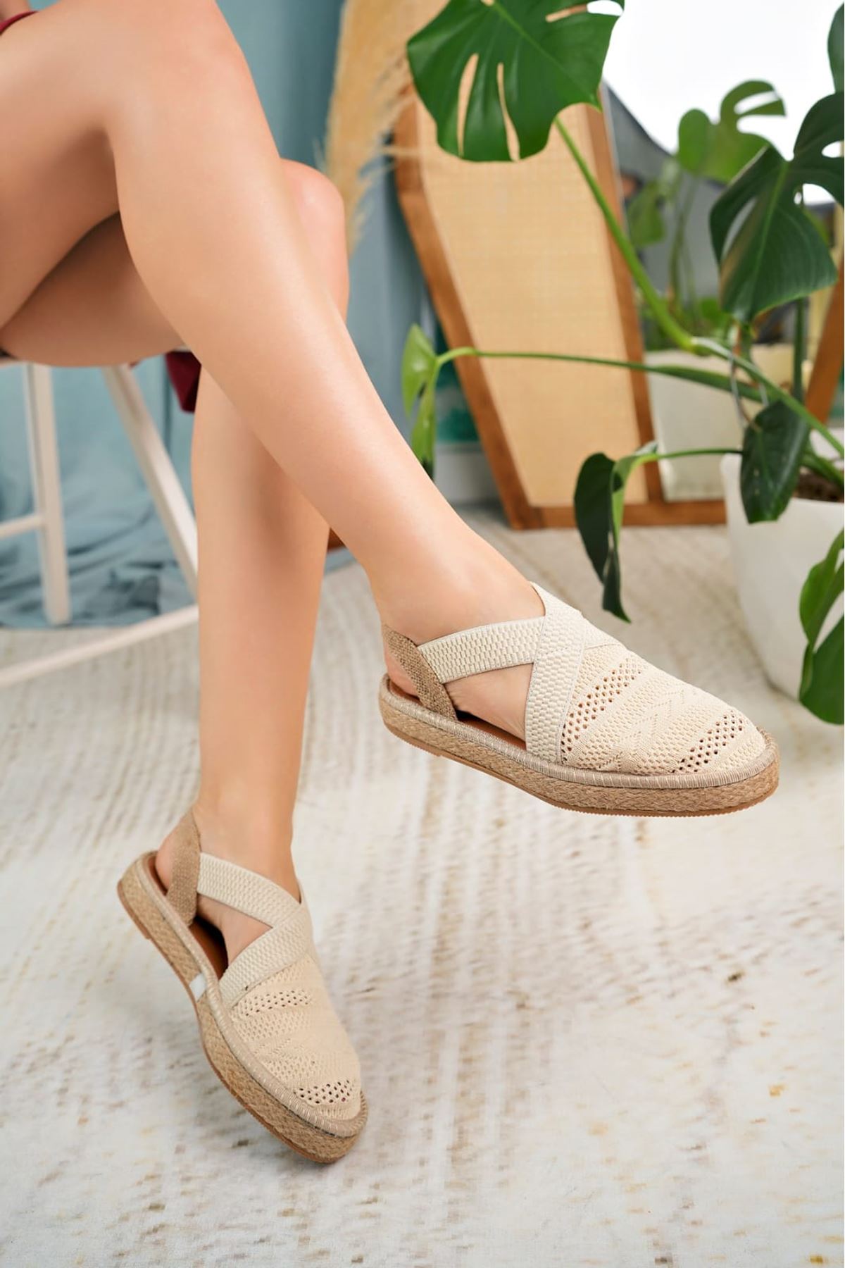 Women's Cream Closed Toe Elastic Knitwear Sandals - STREETMODE ™