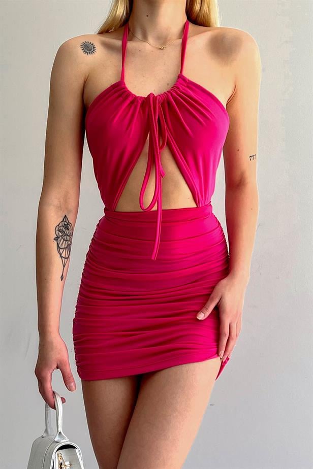 Women's Cross Back Side Gathered Dress Fuchsia - STREETMODE ™