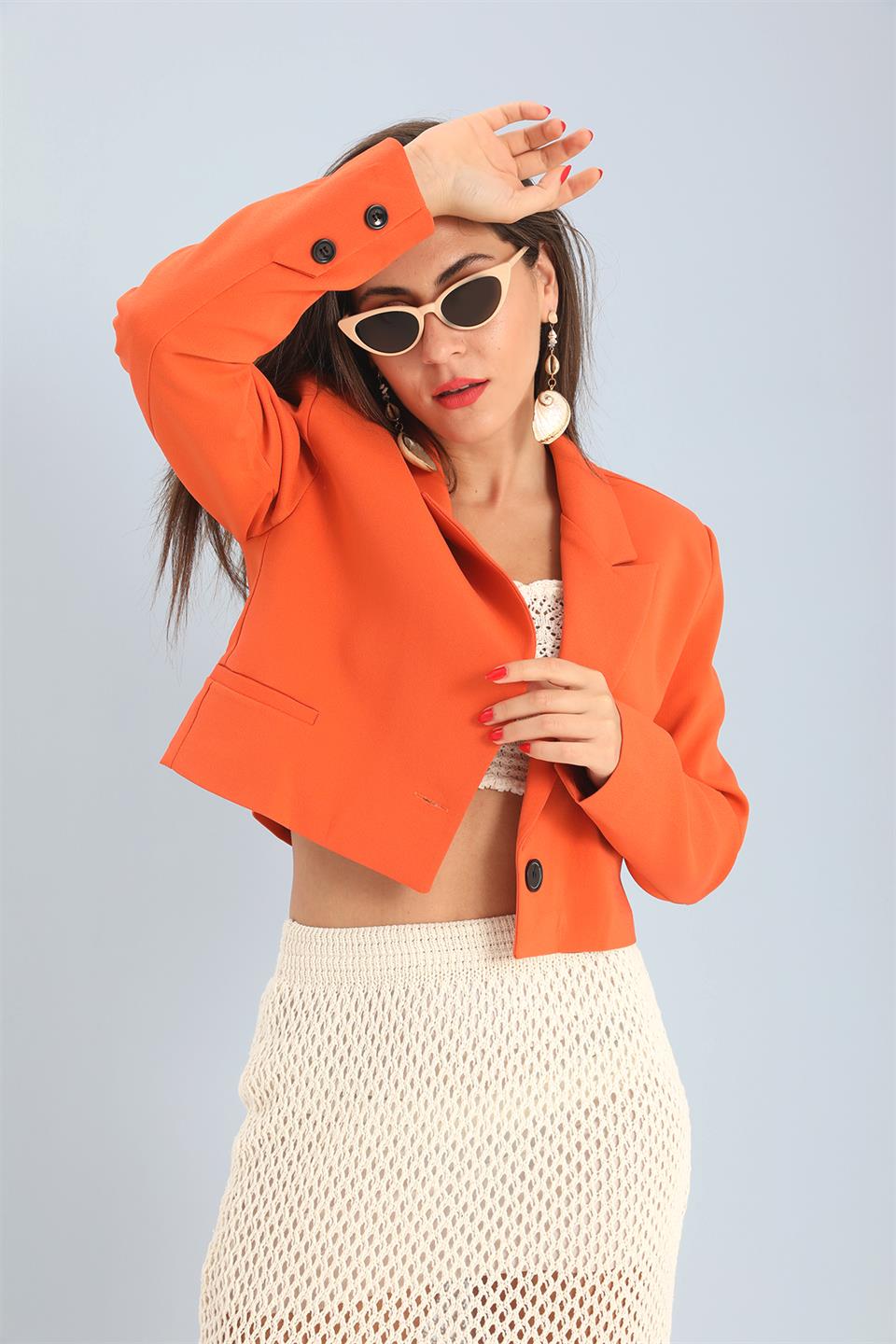 Women's Double Peto Pocket Short Crop Blazer Jacket - Orange - STREETMODE ™