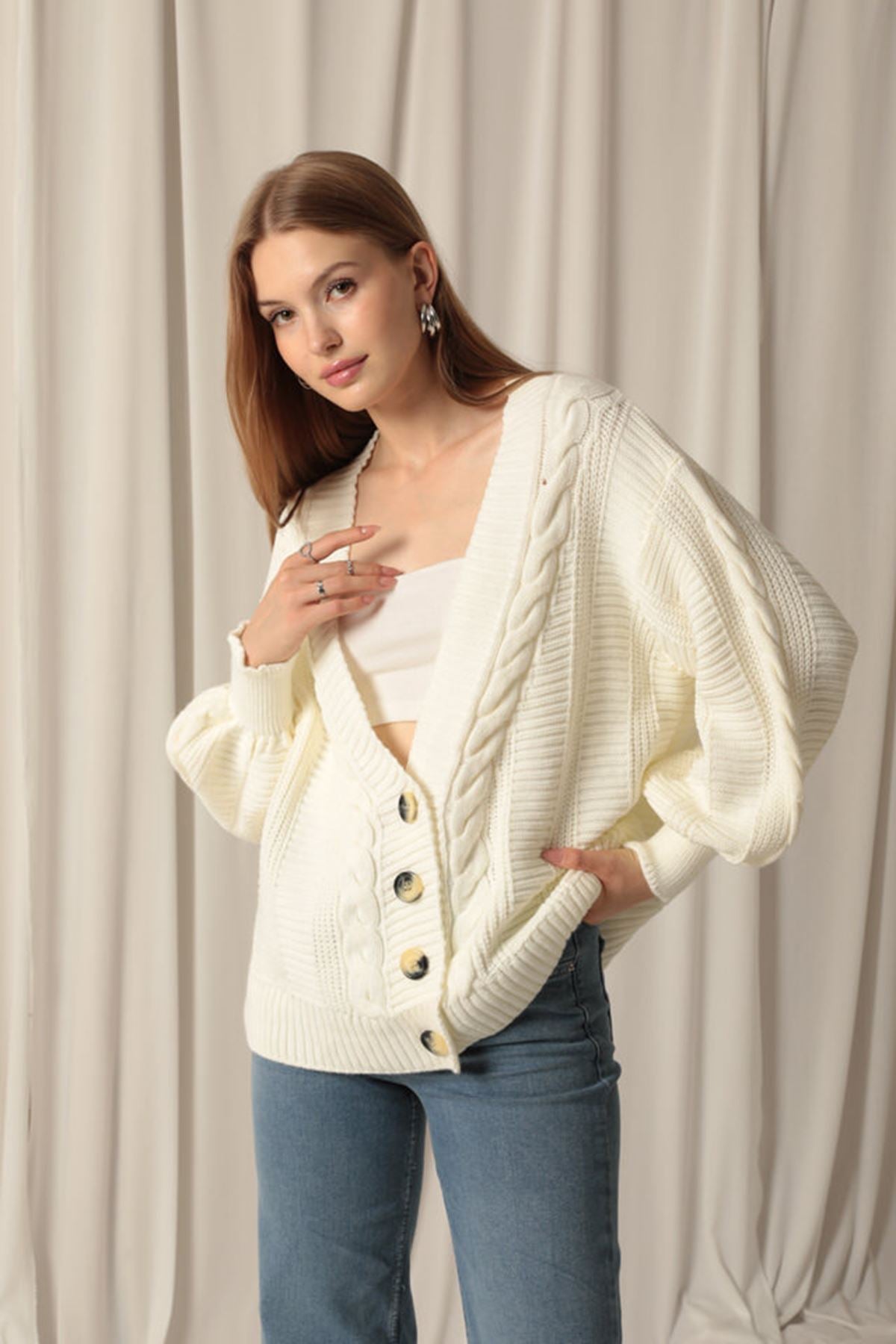 Women's Ecru Cardigan with Knitwear Fabric Knit Detail