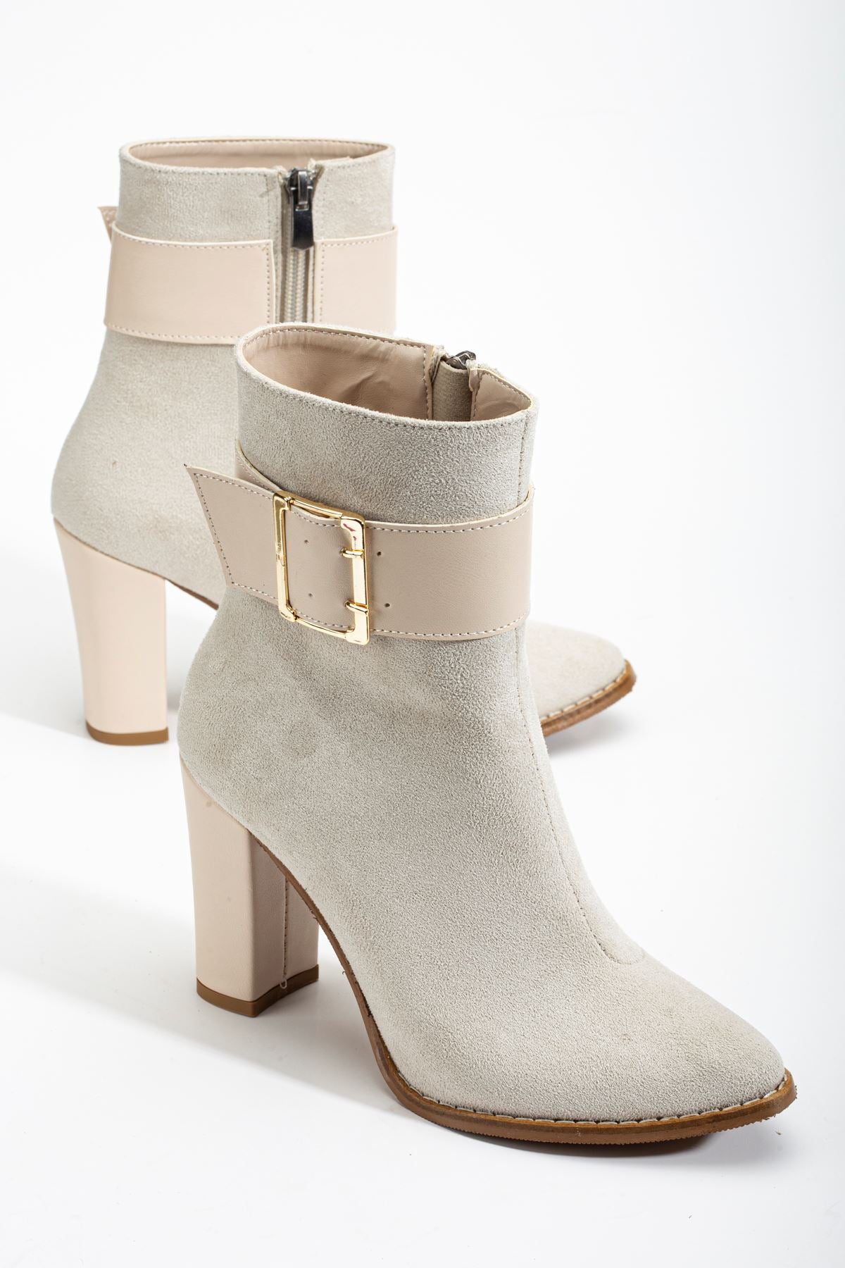 Women's Eva Beige Pointed Toe Zippered Thick Heel Boots