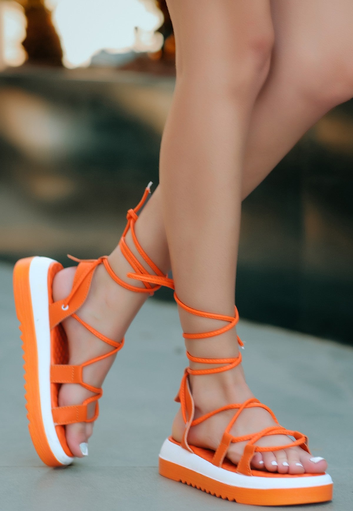 Women's Jiata Orange Skin Lace-Up Sandals - STREETMODE ™