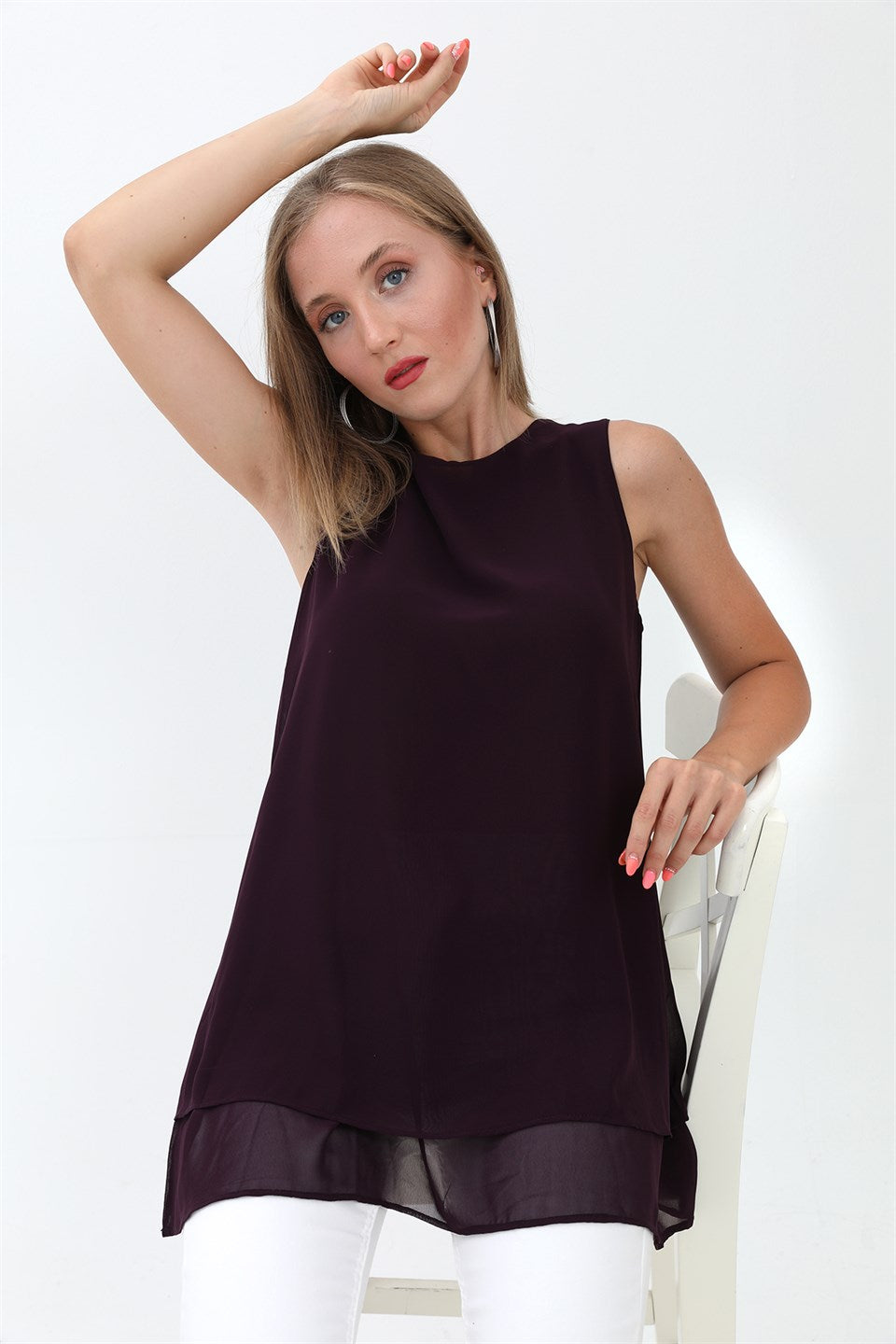 Women's Long Chiffon Sleeveless Blouse - Plum - STREETMODE ™