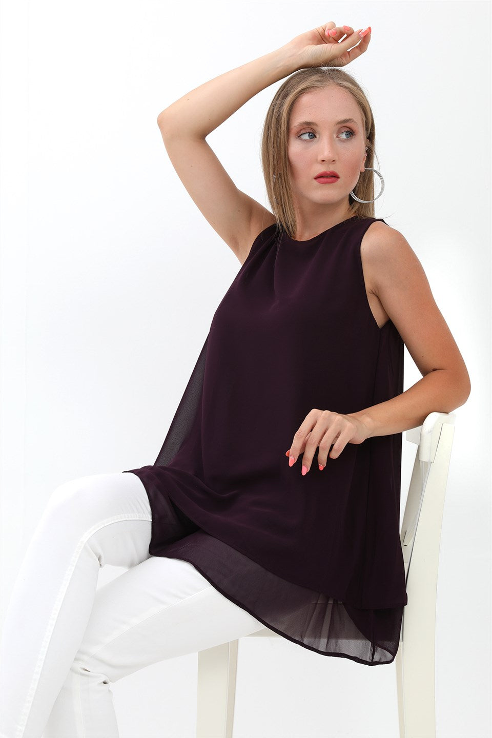 Women's Long Chiffon Sleeveless Blouse - Plum - STREETMODE ™