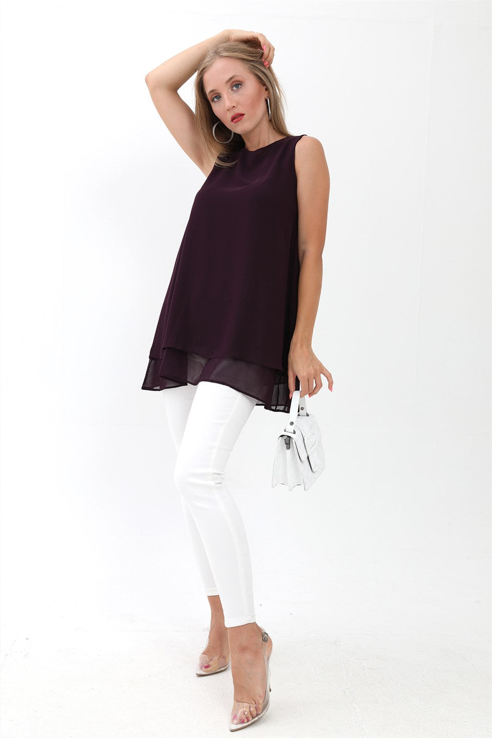 Women's Long Chiffon Sleeveless Blouse - Plum - STREETMODE ™