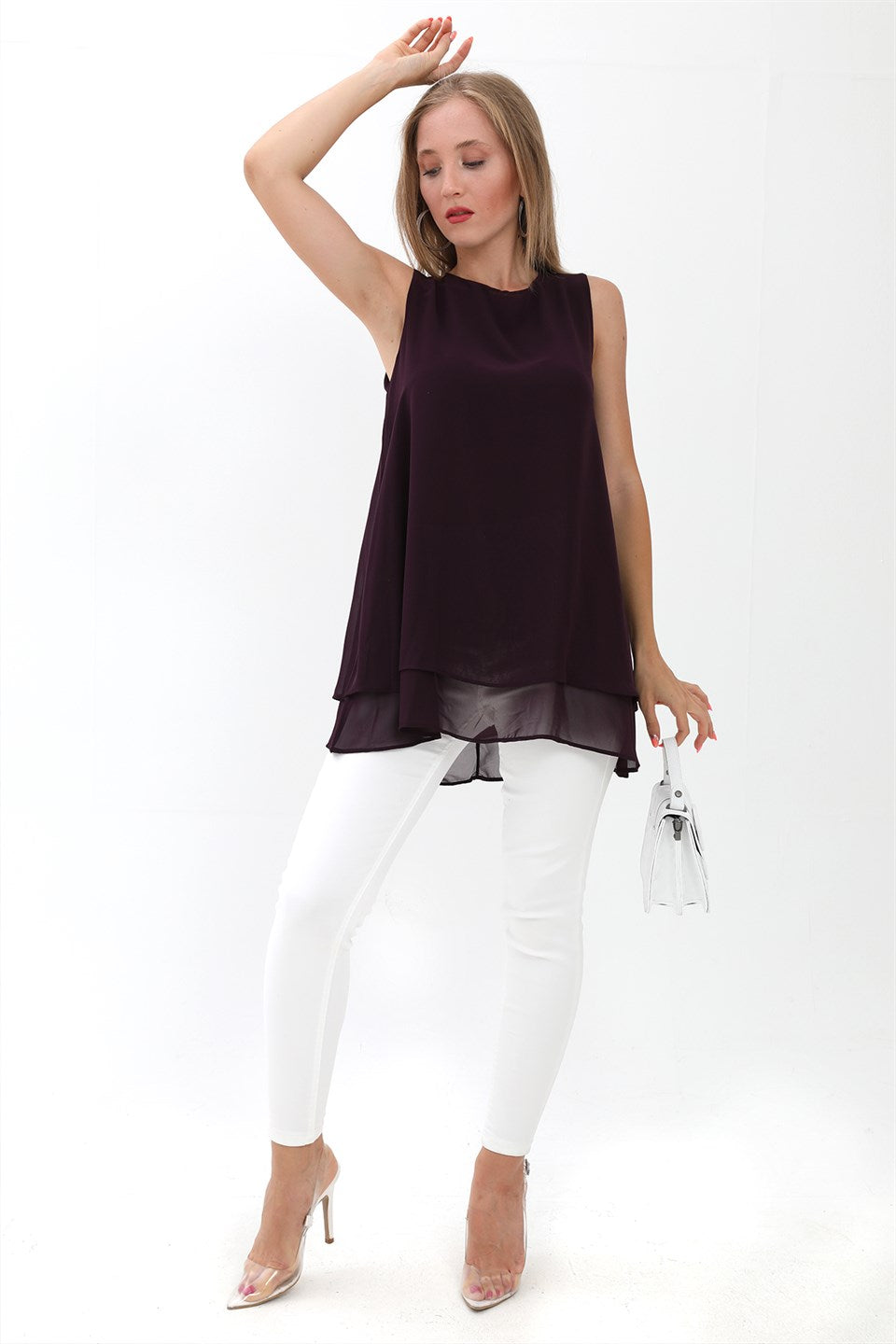 Women's Long Chiffon Sleeveless Blouse - Plum - STREETMODE ™