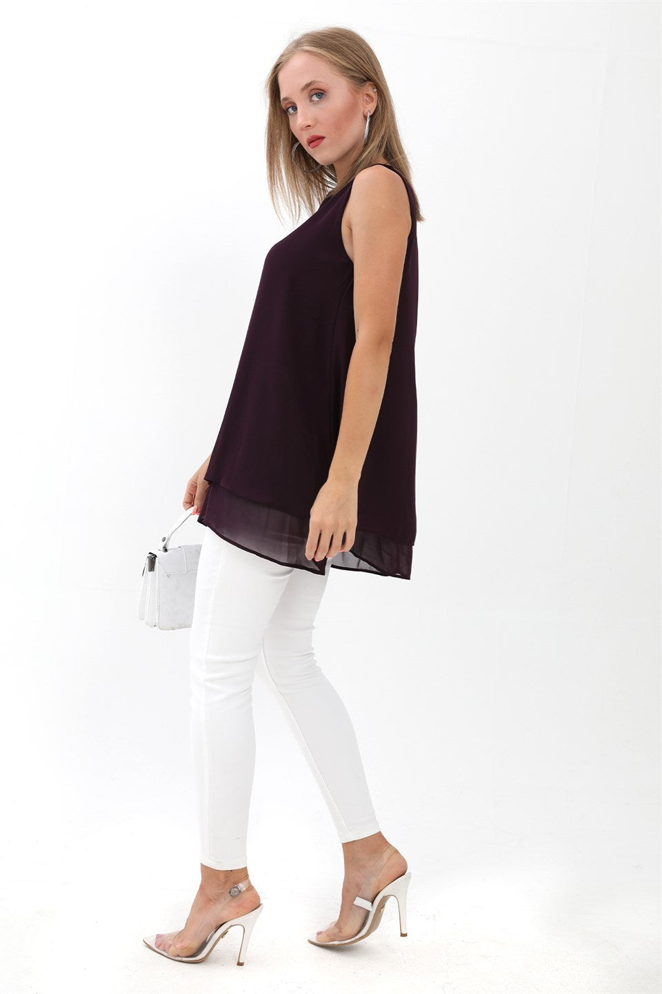 Women's Long Chiffon Sleeveless Blouse - Plum - STREETMODE ™