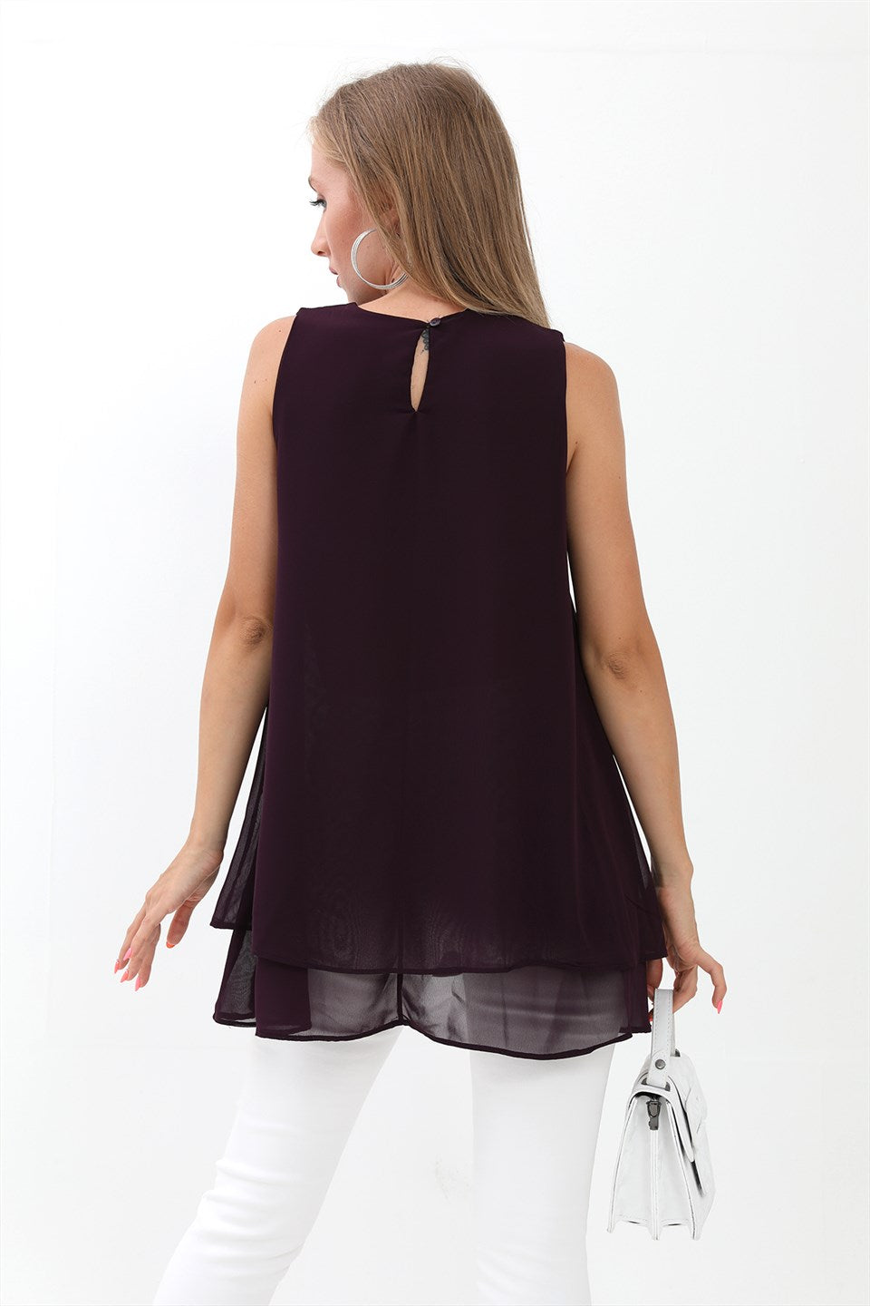 Women's Long Chiffon Sleeveless Blouse - Plum - STREETMODE ™