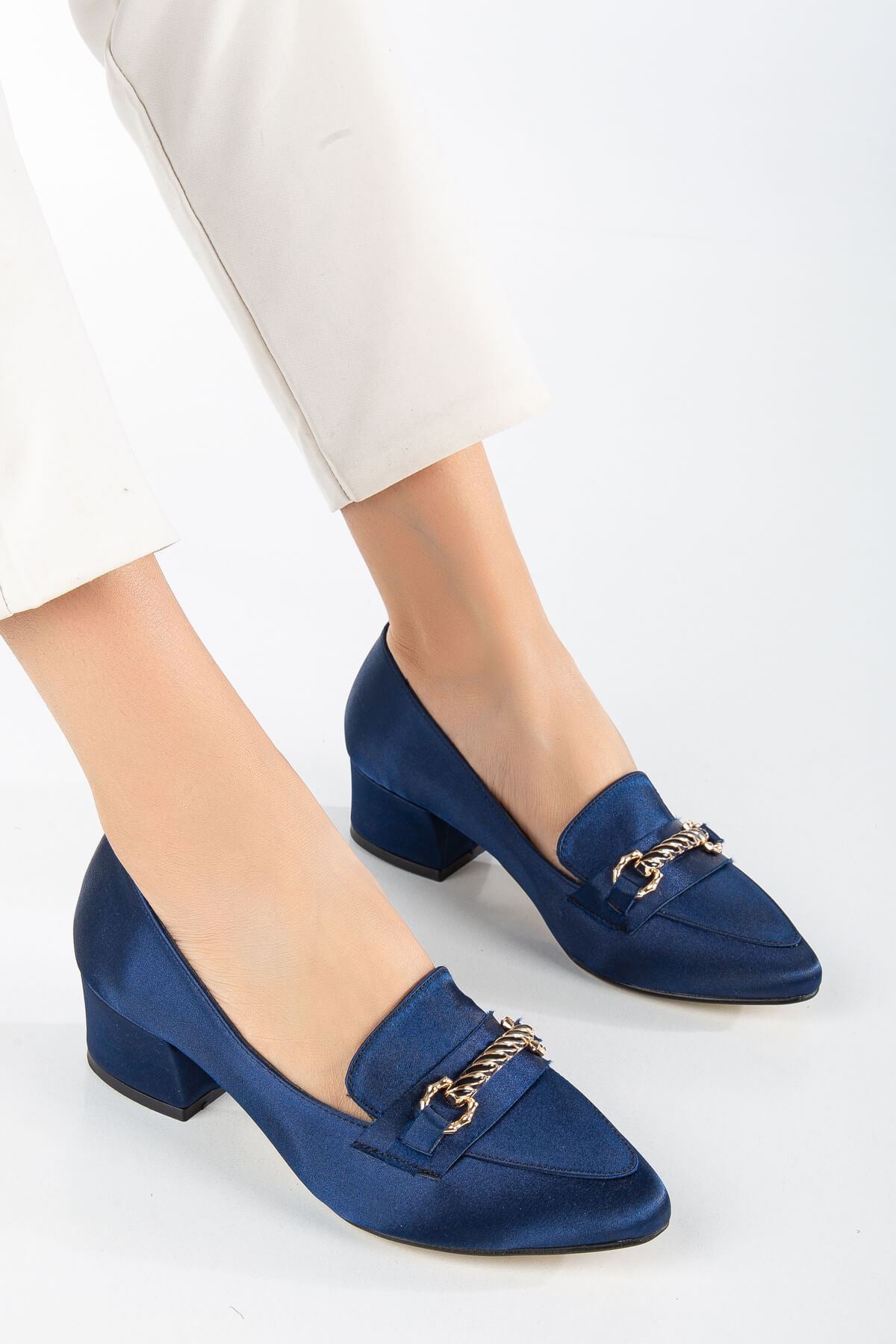 Women's Low Heeled Shoes Navy Blue Suede with Skin Buckle Detail - STREETMODE ™