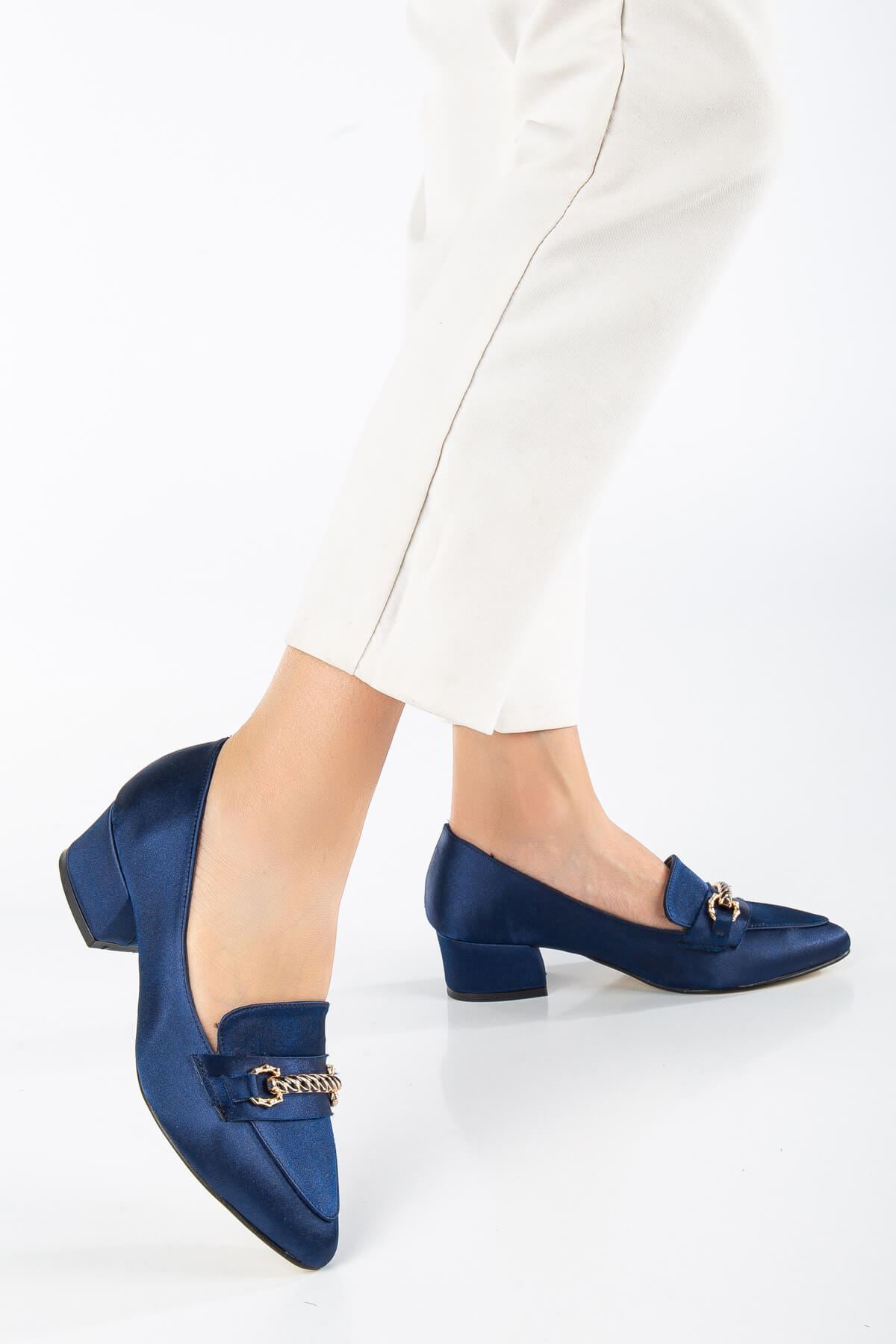 Women's Low Heeled Shoes Navy Blue Suede with Skin Buckle Detail - STREETMODE ™