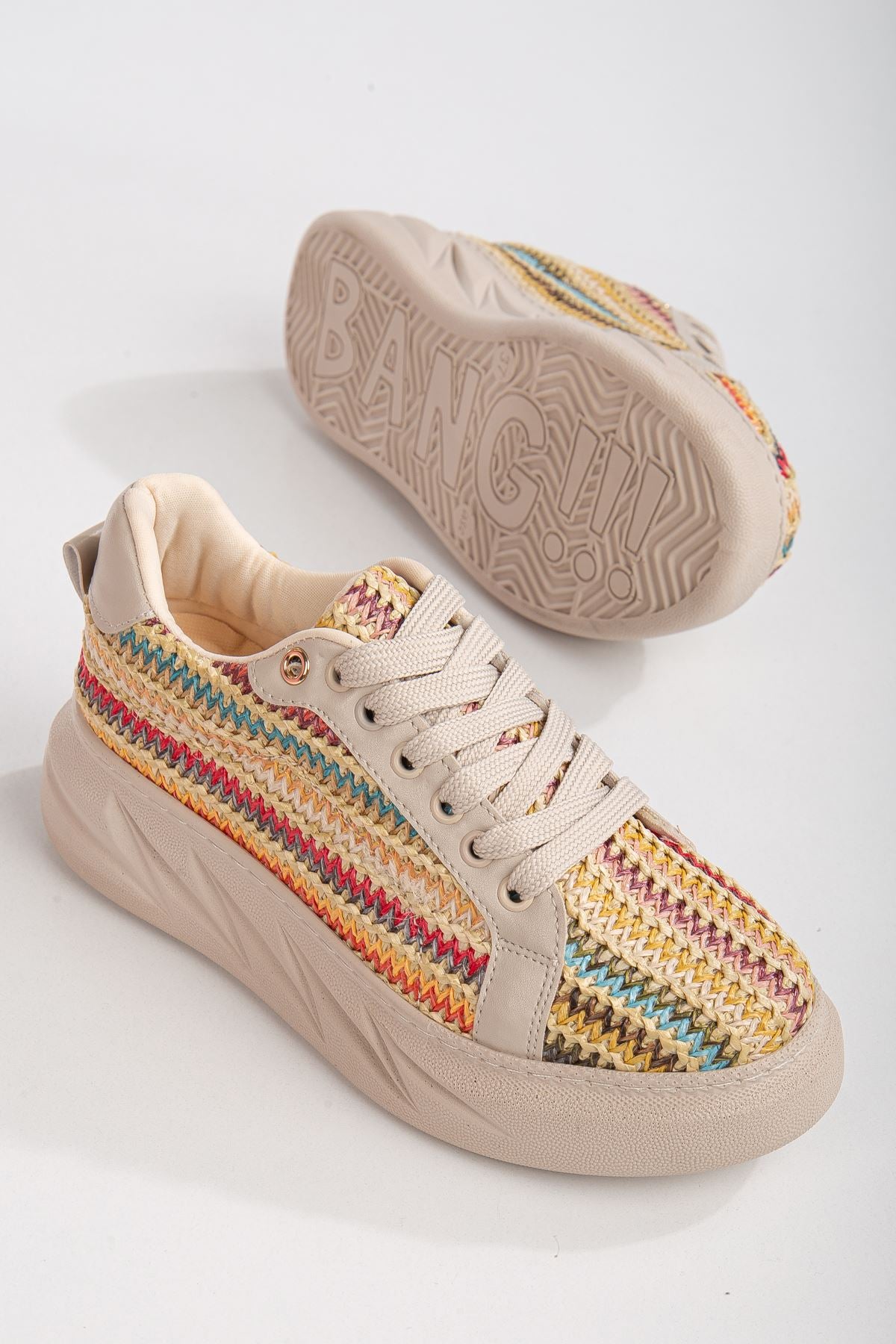Women's Mavis Cream - Colored Thick Sole Straw Detailed Sneakers
